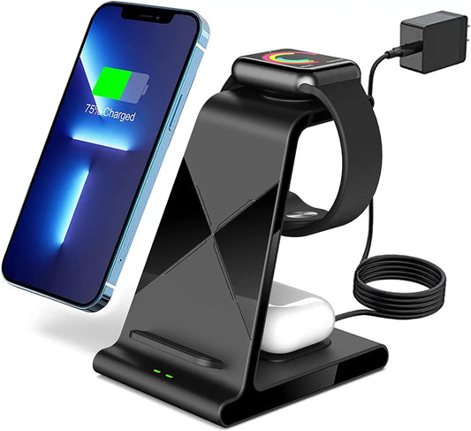 Aukvite 3 in 1 Wireless Charging Station Apple, Wireless Watch Charger Dock for Iwatch Series 7 6 5 4 3 2 and Airpods, Phone Charger Stand Compatible with Iphone 13 Pro Max 12 Pro Samsung S20(Black) Electronics > GPS Accessories > GPS Cases Shenzhen Xuanfeng Innovations Technology Co., Ltd. Black  