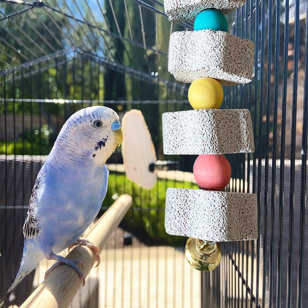 Parrot Chewing Toy, Bird Beak Grinding Stone with Bell, Lava Block Calcium Supplement Food for African Greys Conure Eclectus Budgies Parakeet Cockatiel Hamster Chinchilla Rabbit, 2 Pack