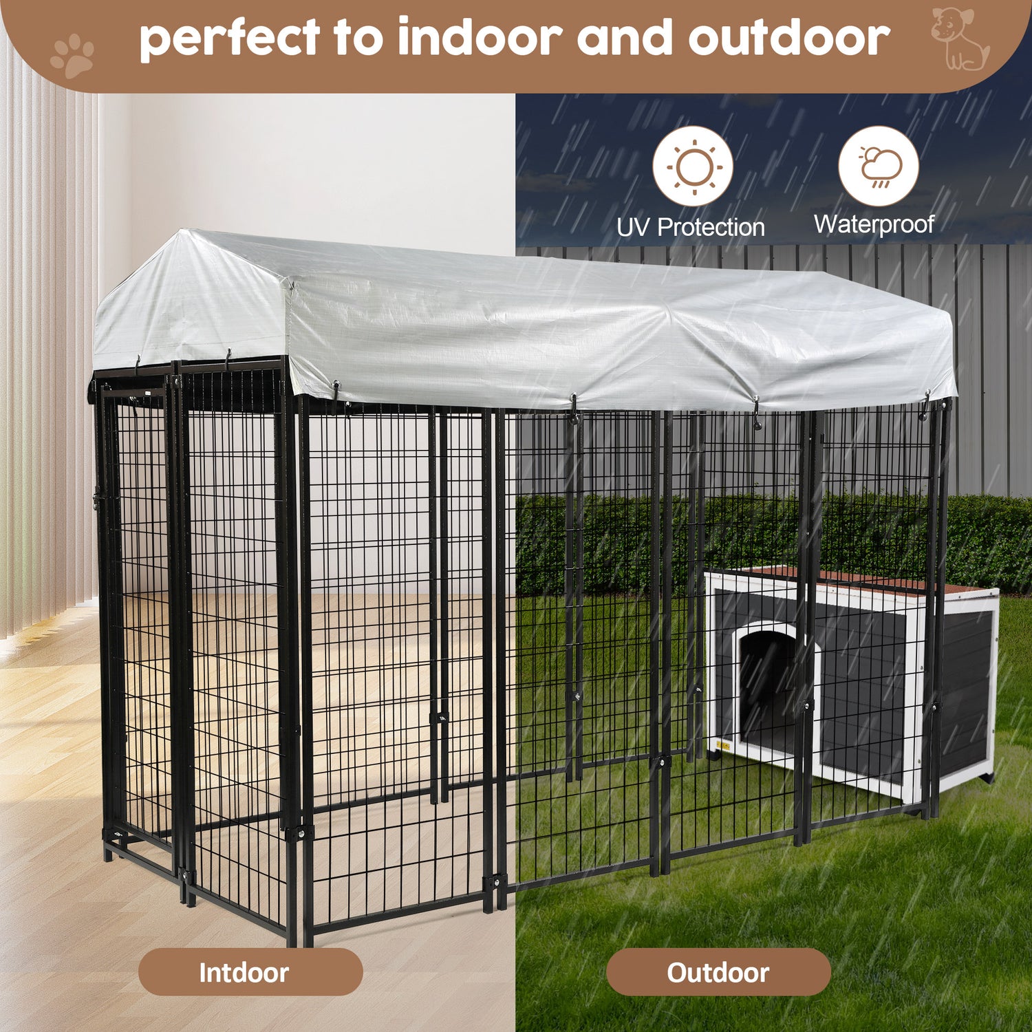 Coziwow 7'X 3'X 6' Outdoor Dog Kennel Enclosure with Dog House, Waterproof Cover