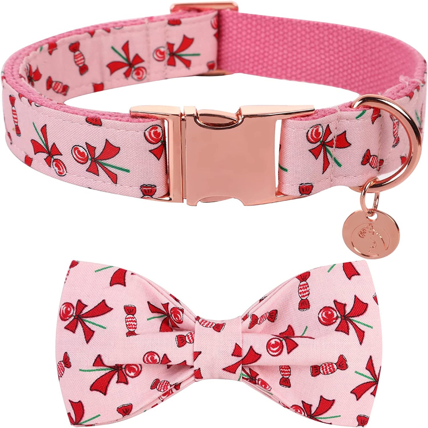 DOGWONG Cotton Dog Collar with Bow Tie, Christmas Dog Collar Red Santa Claus Durable Pet Collar Puppy Collar for Small Medium Large Dog Animals & Pet Supplies > Pet Supplies > Dog Supplies > Dog Apparel DOGWONG Pink Candy Collar Bow S(Pack of 1) 