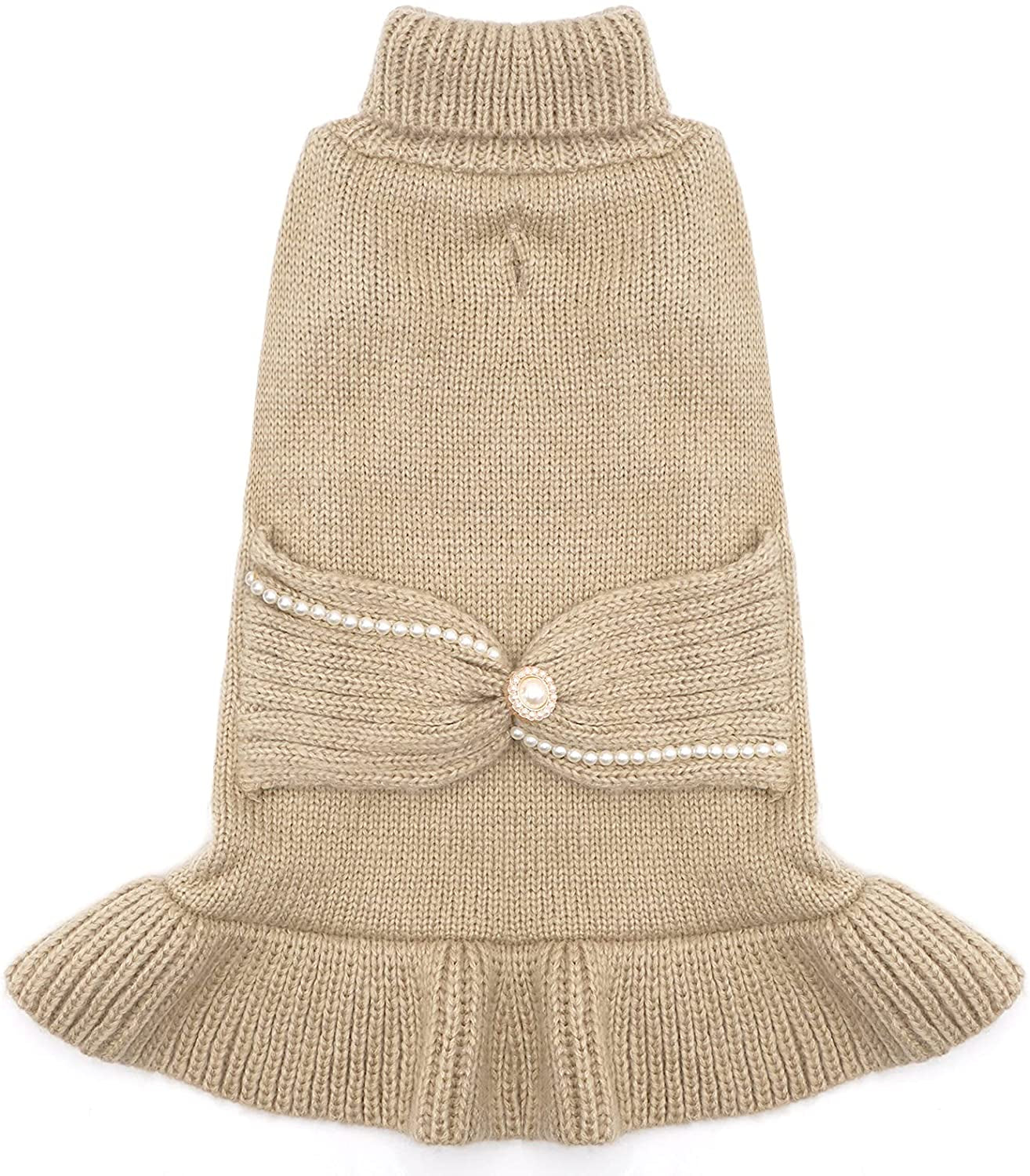 Cyeollo Valentine'S Day Dog Sweater Dress Turtleneck Doggie Sweaters Pullover Knitted with Bowtie Warm Winter Dog Clothes for Small Dogs Animals & Pet Supplies > Pet Supplies > Dog Supplies > Dog Apparel cyeollo Light Khaki L 