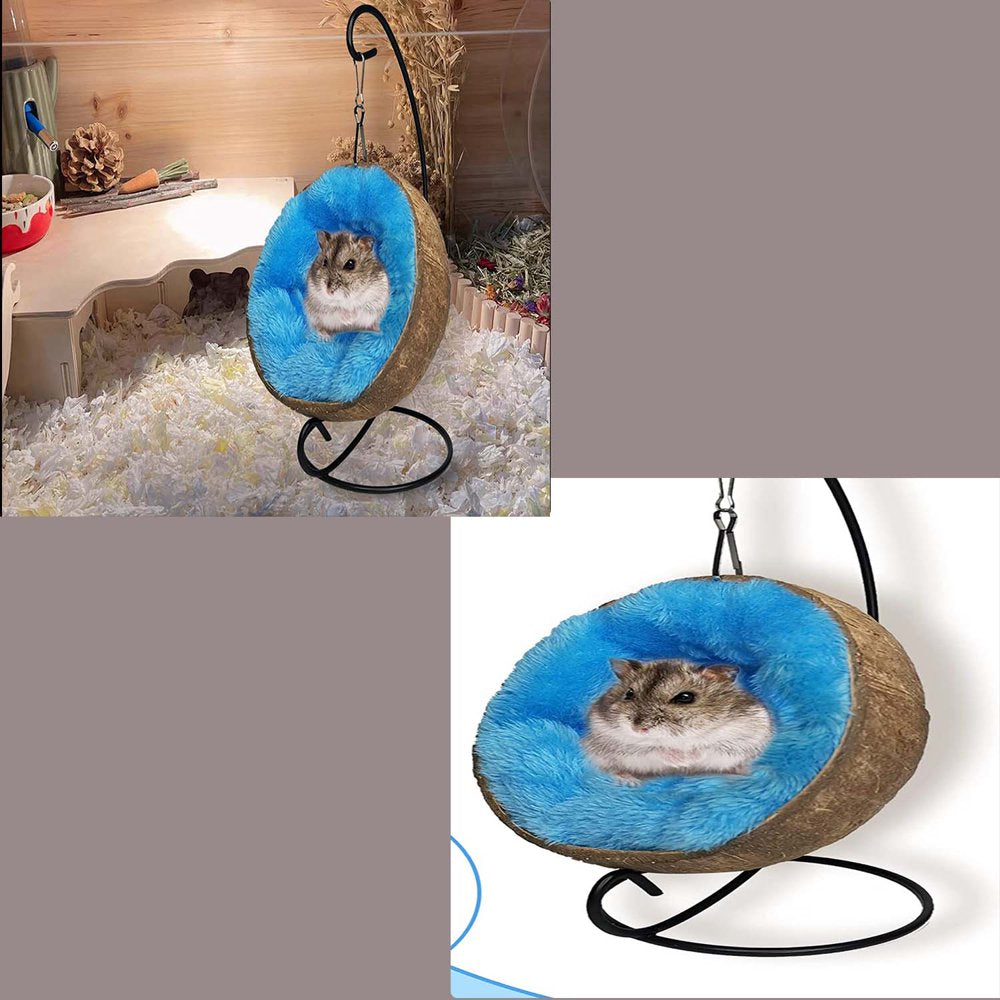 Coconut Hamster Hideout Hammock, Natural Raw Coco Husk Bed House with Warm Pad Small Animal Habitat Decor Hanging Coconut Shell Cage Accessories for Dwarf Hamster Gerbil Sugar Glider Mice