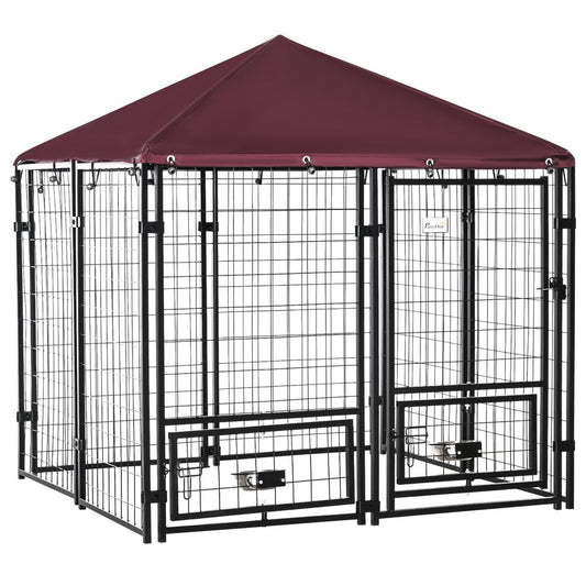 Pawhut Indoor, Outdoor Metal Dog Kennel, Dog House with Lock, Weather Resistant Canopy and 2 Bowl Holders and Bowls, 4.6' X 4.6' X 5', Black, Red Animals & Pet Supplies > Pet Supplies > Dog Supplies > Dog Houses Aosom LLC   