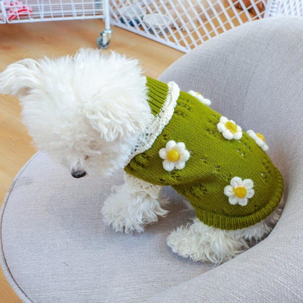 Promotion Clearance Dog Sweater Winter Coat Apparel Classic Flowers Blossoming Sweater Knit Clothes for Cold Weather, Green XS