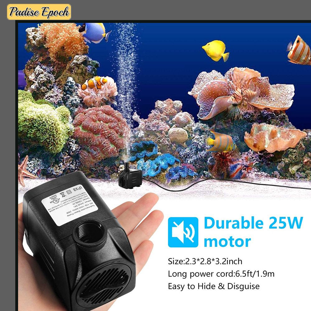 Fountain Pump, 2 Packs 400GPH(25W 1500L/H) Submersible Water Pump, Durable Outdoor Fountain Water Pump with 6.5Ft Tubing (ID X 1/2-Inch), 3 Nozzles for Aquarium, Pond, Fish Tank, Water Pump Animals & Pet Supplies > Pet Supplies > Fish Supplies > Aquarium & Pond Tubing KOL PET   