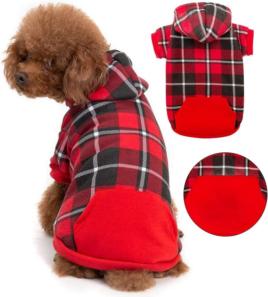 BINGPET Dog Plaid Hoodie - Pocket Design - Dog Fleece Sweater with Hat Pet Winter Clothes Plaid Dog Sweatershirts for Winter Animals & Pet Supplies > Pet Supplies > Dog Supplies > Dog Apparel BBPET Red Small 