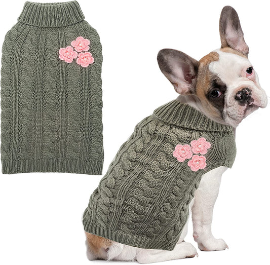 ALUZAEMO Small Dog Sweater - Cute Flower Winter Fall Warm Small Dog Clothes - Cold Weather Turtleneck Knitwear Sweaters Cozy Pet Outfits for Small Dog, Cats, Puppy (XS) Animals & Pet Supplies > Pet Supplies > Dog Supplies > Dog Apparel ALUZAEMO XS:neck:10"-12" chest:15"-17"  