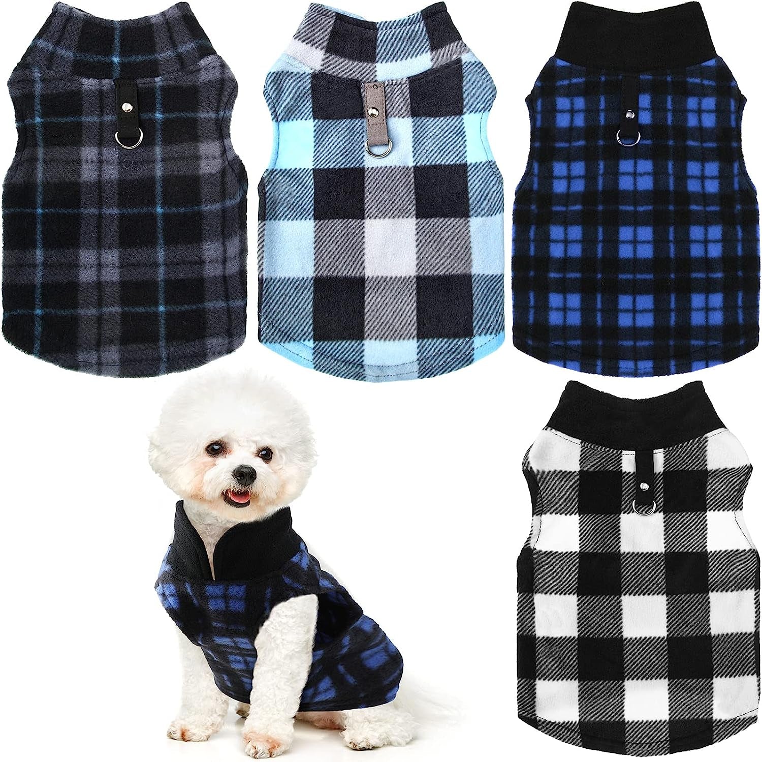 Hamify Fleece Vest Dog Sweater Set of 4 Buffalo Plaid Dog Pullover Warm Jacket Winter Pet Clothes with Leash Ring for Small Dog Cat (Small) Animals & Pet Supplies > Pet Supplies > Dog Supplies > Dog Apparel Geyoga Medium  