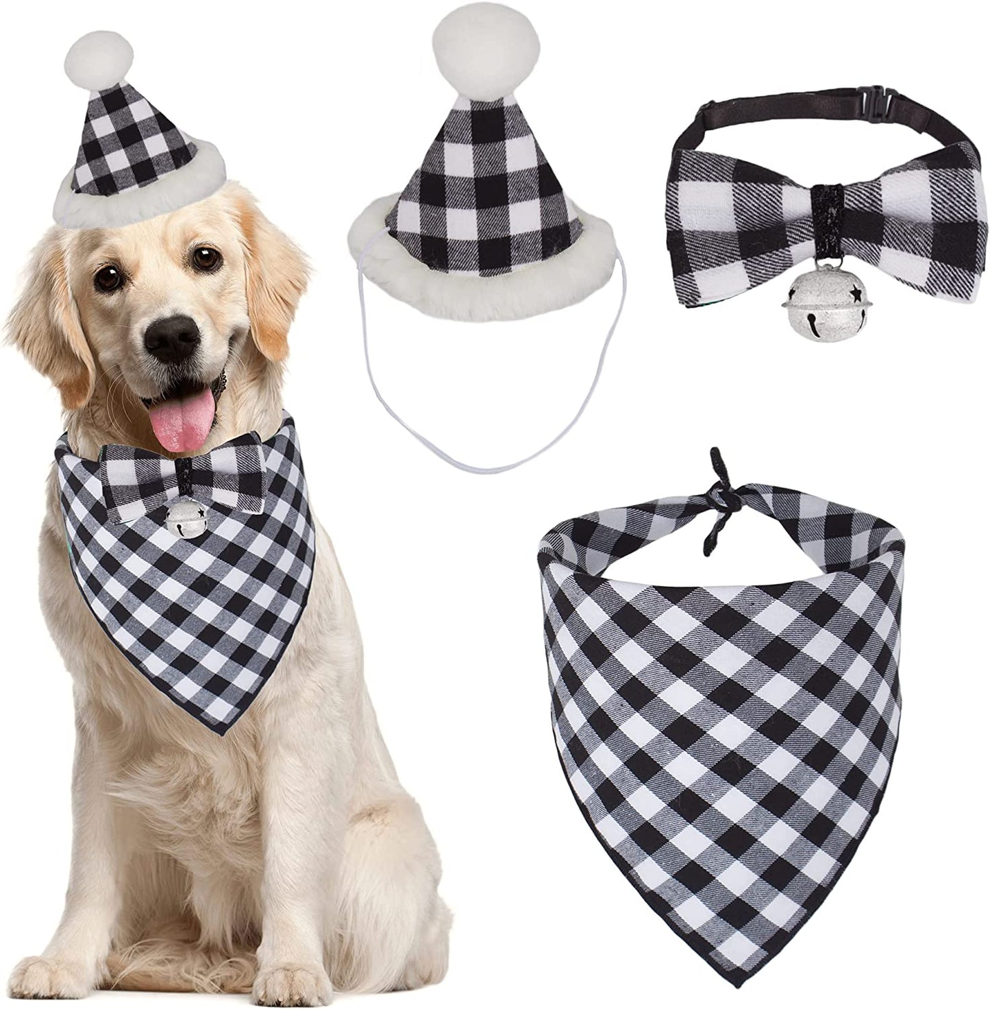 ADOGGYGO Christmas Dog Bandana Hat Bow Tie Set - Classic Plaid Pet Scarf Triangle Bibs Dog Christmas Costume Decoration Accessories for Small Medium Dogs Cats Pets (Large, Red) Animals & Pet Supplies > Pet Supplies > Dog Supplies > Dog Apparel ADOGGYGO White Large 