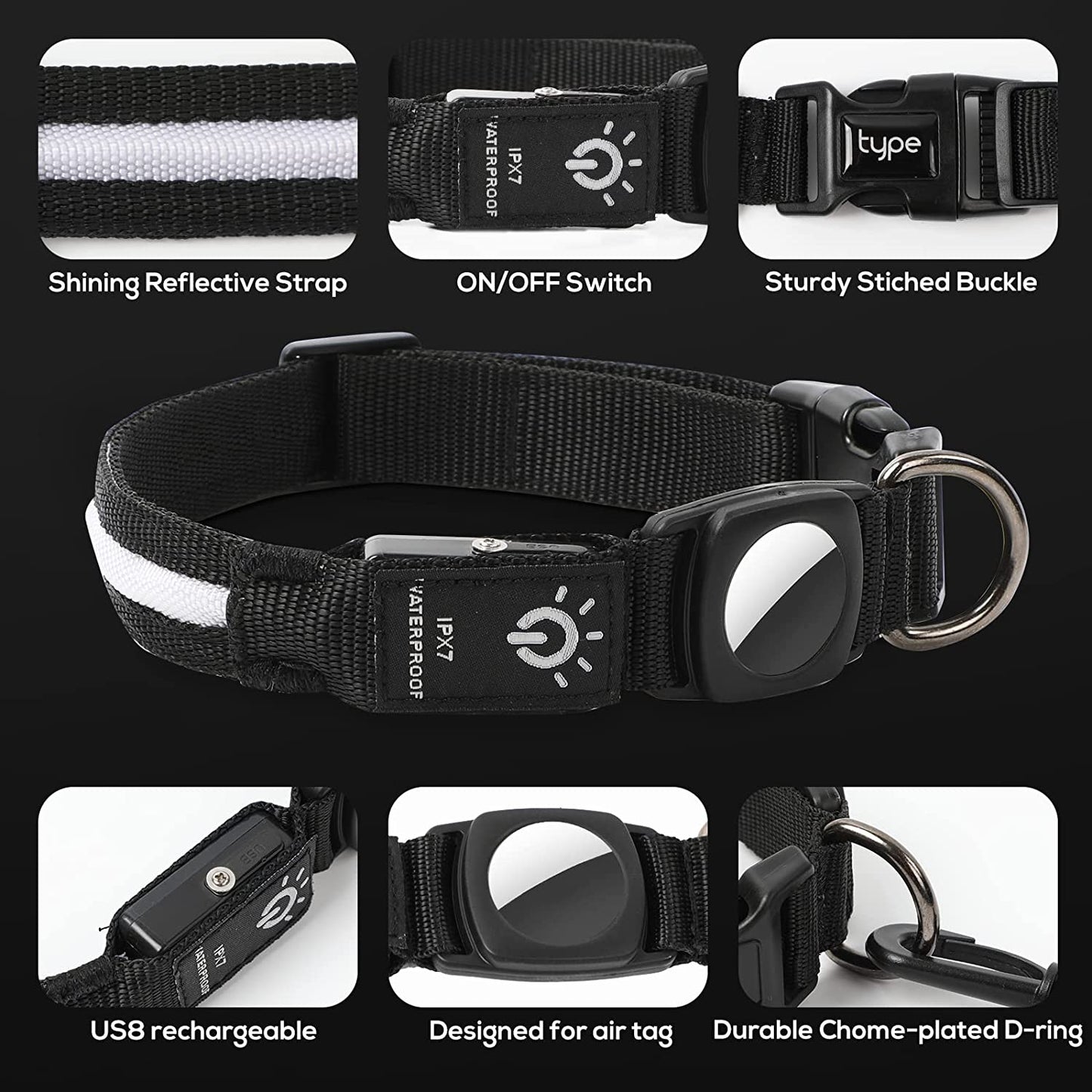 LED Air Tag Dog Collar - Light up Dog Collar[Ipx7 Waterproof] with Apple Air Tag Holder Case, Durable Rechargeable Lighted Air Tag Dog Collar Accessories for Puppy Dogs(S, Black) Electronics > GPS Accessories > GPS Cases typecase   