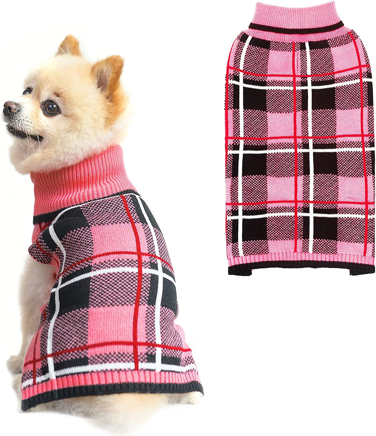 Dog Sweater Pet Knitted Clothes - Classic Plaid Pull over Turtleneck Dog Sweaters with Leash Hole Warm Dogs Winter Clothing for Small Medium Dogs Cats Puppy Animals & Pet Supplies > Pet Supplies > Dog Supplies > Dog Apparel KOOLTAIL Pink Small/Medium 