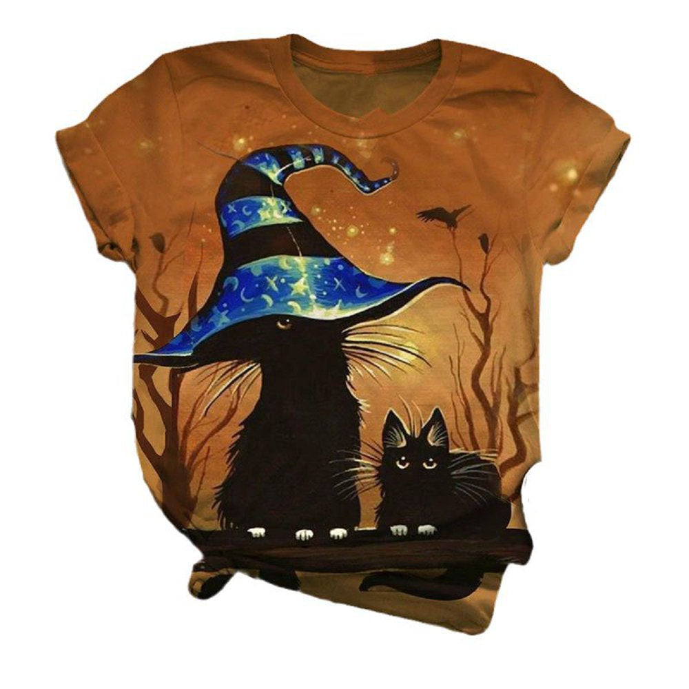 Sherrylily Women Halloween Fall T Shirts Pumpkin Lantern Cat Witch Print Tops Animals & Pet Supplies > Pet Supplies > Cat Supplies > Cat Apparel Sherrylily Photo Color 2XL 