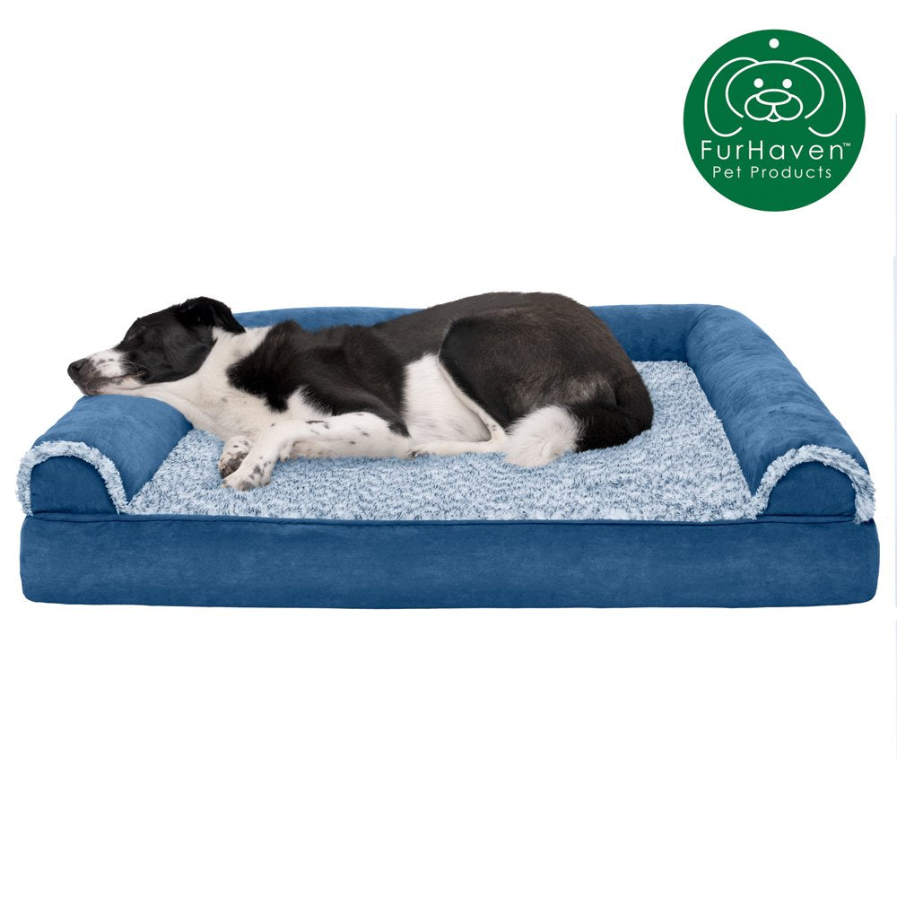 Furhaven Pet Products | Full Support Orthopedic Two-Tone Faux Fur & Suede Sofa Pet Bed for Dogs & Cats, Stone Gray, Jumbo Animals & Pet Supplies > Pet Supplies > Cat Supplies > Cat Beds FurHaven Pet Jumbo Marine Blue 