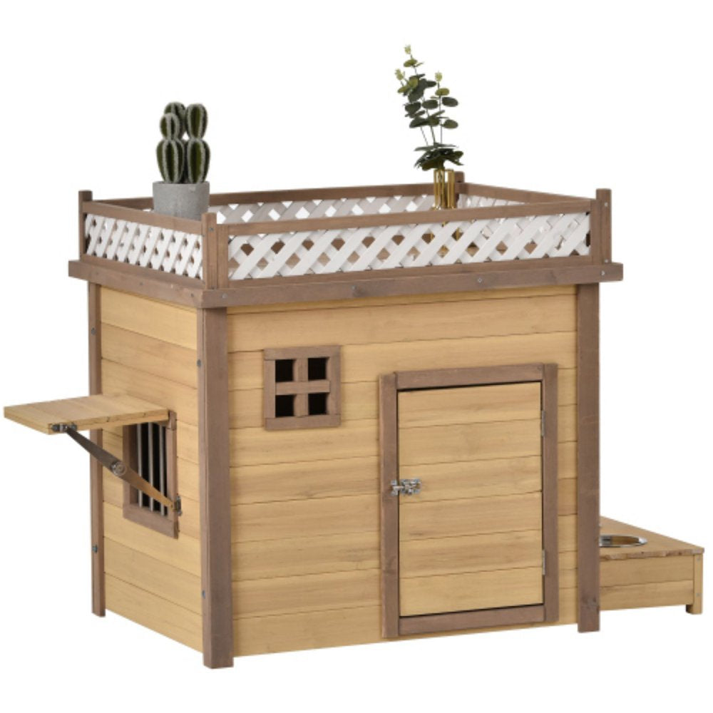 Cmgb 31.5” Wooden Dog House Puppy Shelter Kennel Outdoor & Indoor Dog Crate, with Flower Stand, Plant Stand, with Wood Feeder，Natural Animals & Pet Supplies > Pet Supplies > Dog Supplies > Dog Houses CMGB   