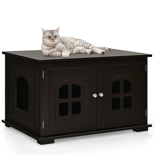 Gymax Large Wooden Cat Litter Box Enclosure Hidden Cat Washroom W/ Divider Coffee Animals & Pet Supplies > Pet Supplies > Cat Supplies > Cat Furniture Gymax Coffee  
