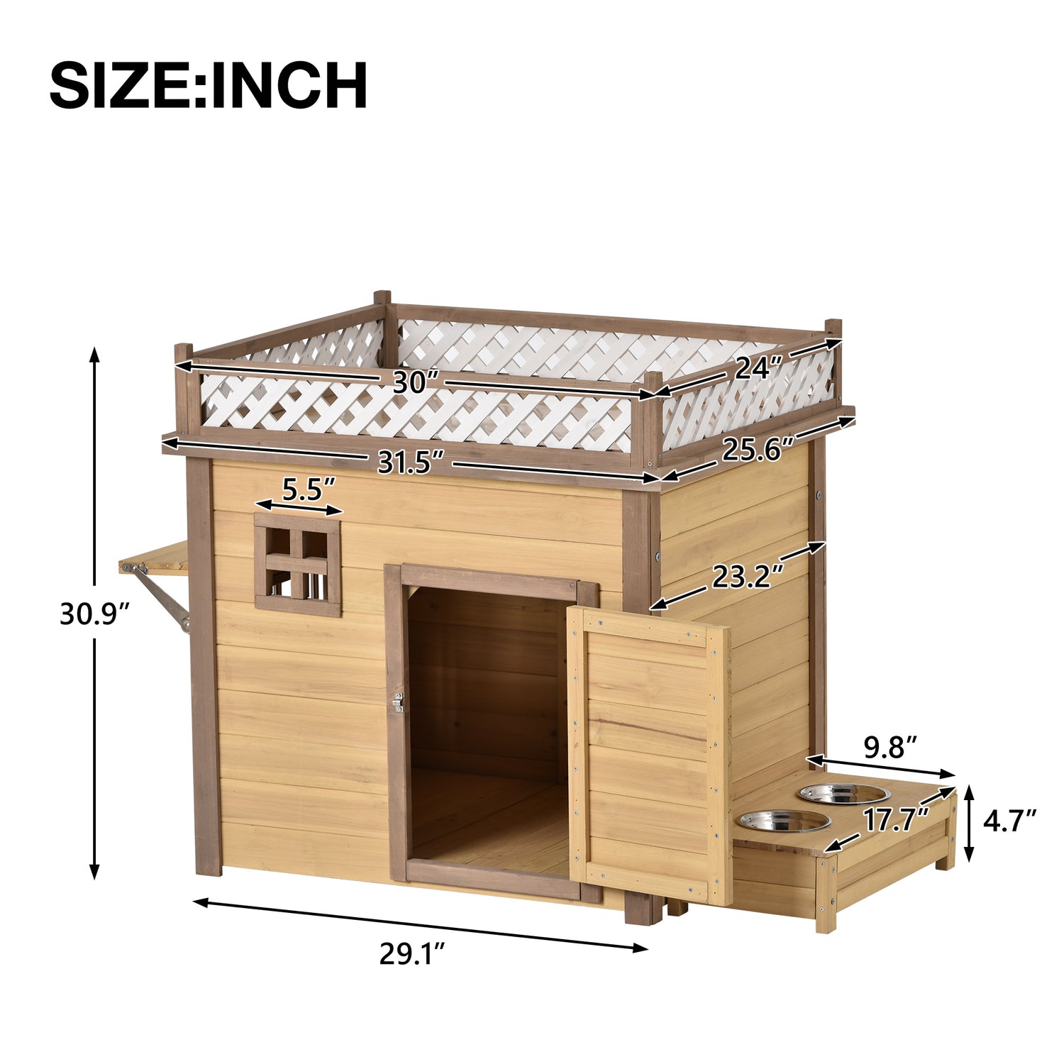 CHURANTY 31.5” Wooden Puppy Pet Dog House Wood Room Puppy Shelter Kennel Outdoor & Indoor Dog Crate, with Flower Stand, Plant Stand, with Wood Feeder