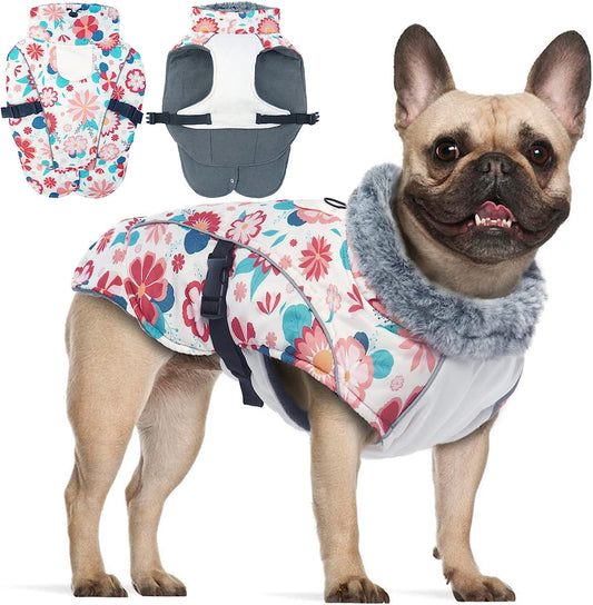 FUAMEY Dog Cold Weather Jacket,Dog Winter Coat with Fur Collar Pet Windproof Warm Vest Doggie Reflective Apparel Small Medium Large Paded Dog Clothes with Leash Hole Thick Dog Fleece Outdoor Coats Animals & Pet Supplies > Pet Supplies > Dog Supplies > Dog Apparel FUAMEY flower Medium(chest:17-21in) 