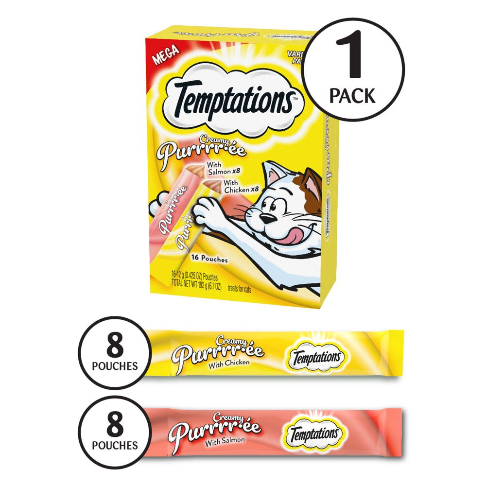 TEMPTATIONS Creamy Puree Salmon and Chicken Lickable Cat Treats Variety Pack, (16) 12G Pouches Animals & Pet Supplies > Pet Supplies > Cat Supplies > Cat Treats Mars Petcare   