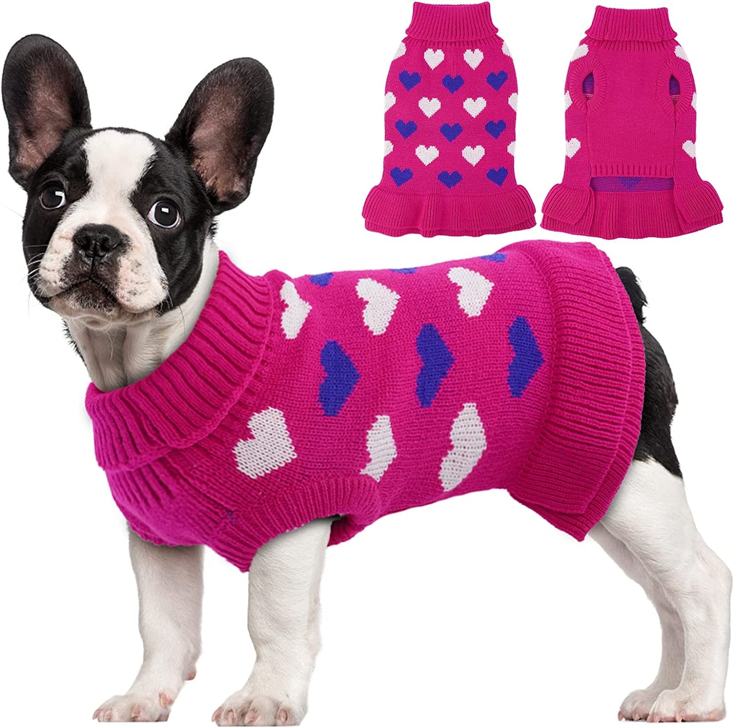 Kuoser Dog Sweater, Knitwear Turtleneck Winter Warm Puppy Clothing, Heart Pullover Pet Coat Cute Dog Sweater Dress for Small & Medium Dogs Cats with Leash Hole Xs-Xl(Green,Xl) Animals & Pet Supplies > Pet Supplies > Dog Supplies > Dog Apparel Kuoser Purlish Red X-Large (pack of 1) 