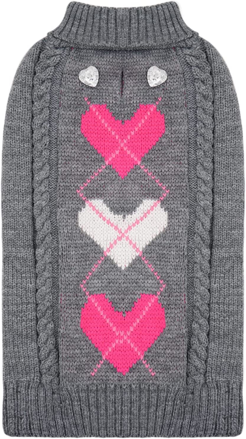 KYEESE Dogs Sweaters Valentine'S Day Pink Heart Pattern with Leash Hole Dog Sweater Knitwear Warm Puppy Sweater Animals & Pet Supplies > Pet Supplies > Dog Supplies > Dog Apparel kyeese 2# Heart (Grey) Large (11-18lbs) 