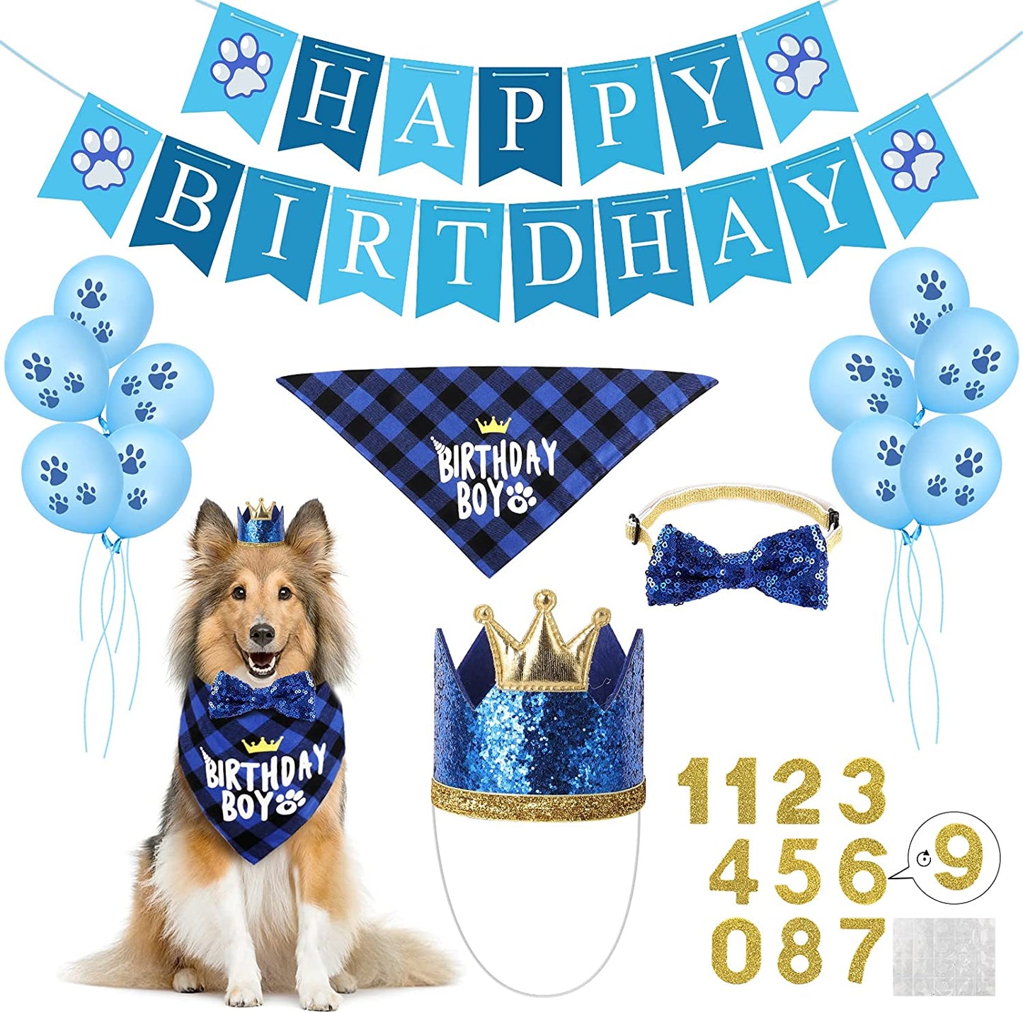 Selemoy Dog Birthday Party Supplies, Dog Birthday Hat Bandana Scarf with Cute Dog Bow Tie, Flag, Balloons for Small Medium Dogs Pets, Doggie Birthday Party Supplies Decorations Animals & Pet Supplies > Pet Supplies > Dog Supplies > Dog Apparel Selemoy Blue  