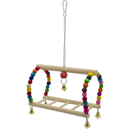 Bird Parrot Toy Hanging Bird Swing Perch Wooden Parrot Ladder Bird Cage Chew Bell Toy with Colorful Beads for Birds Cockatiel Cockatoo Lovebird Animals & Pet Supplies > Pet Supplies > Bird Supplies > Bird Ladders & Perches VHUNT   