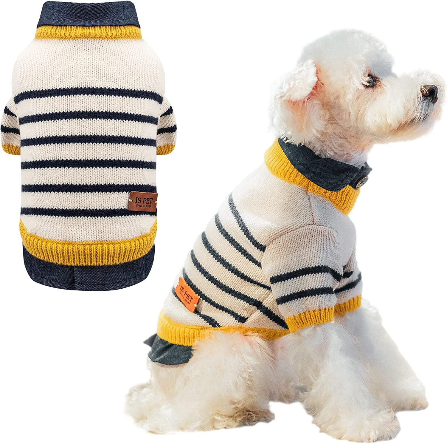 ISPET Small Dog Sweater, Patchwork Stripes Dog Sweatshirt Knitted Pet Winter Clothes Soft Thickening Cat Coat for Tiny Small Dogs, Navy Blue X-Large Animals & Pet Supplies > Pet Supplies > Dog Supplies > Dog Apparel IS PET DESIGNER PETWEAR Beige Large(8.81lb-10.47lb) 