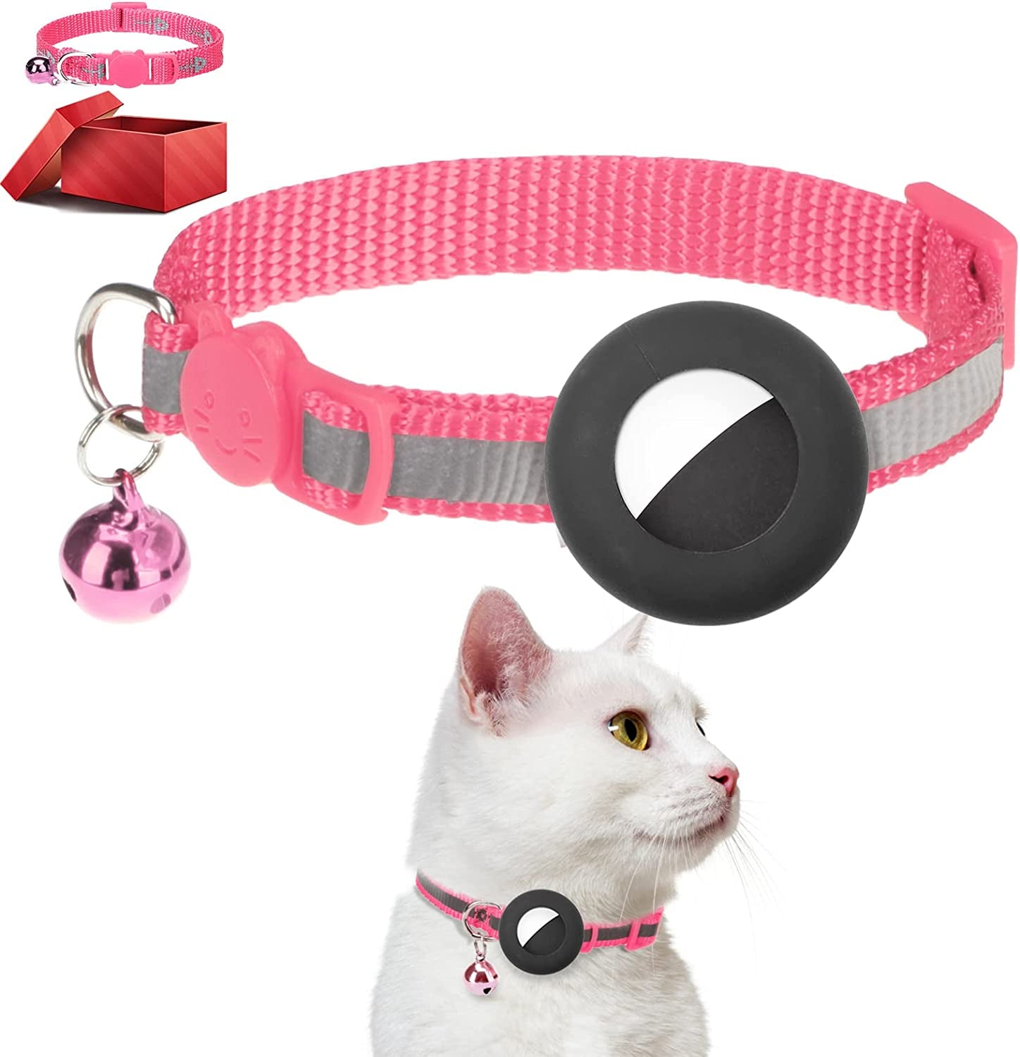 DILLYBUD Airtag Cat Collar Holder 2 Pack Reflective Air Tag Cat Collars Breakaway with Bell, Silicone Waterproof Airtag Case Compatible with Apple Airtag for Small Pets Puppy Kitten Electronics > GPS Accessories > GPS Cases DILLYBUD Pink Nylon 