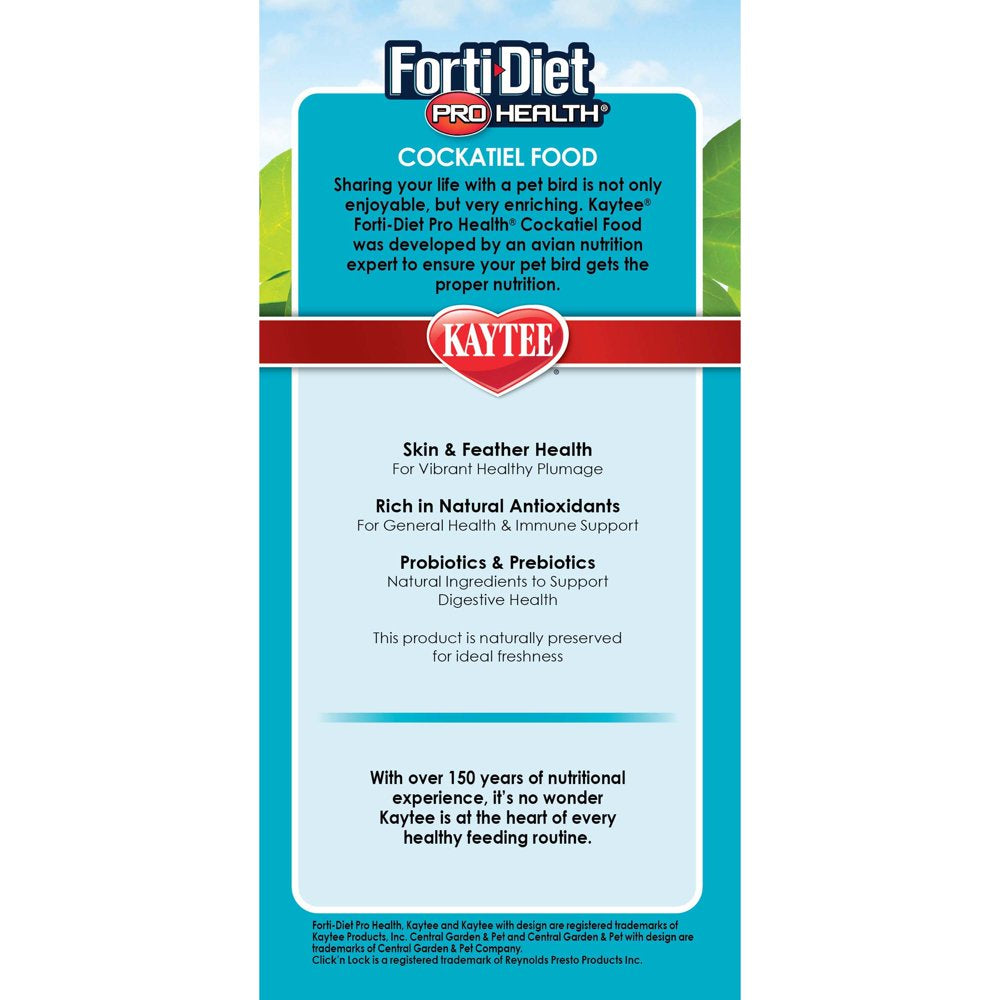 Kaytee Forti-Diet Pro Health Cockatiel Pet Bird Food, 5 Lb Animals & Pet Supplies > Pet Supplies > Bird Supplies > Bird Food Central Garden and Pet   