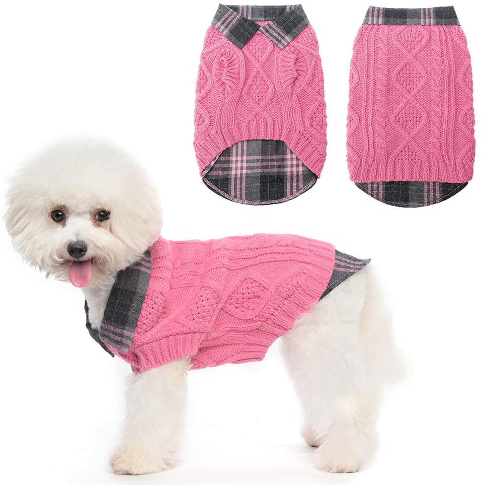 Warm Dog Sweater Winter Clothes - Plaid Patchwork Pet Doggy Knitted Sweaters Comfortable Coats for Cold Weather, Fit for Small Medium Large Dogs Animals & Pet Supplies > Pet Supplies > Dog Supplies > Dog Apparel Homimp Pink Small/Medium 