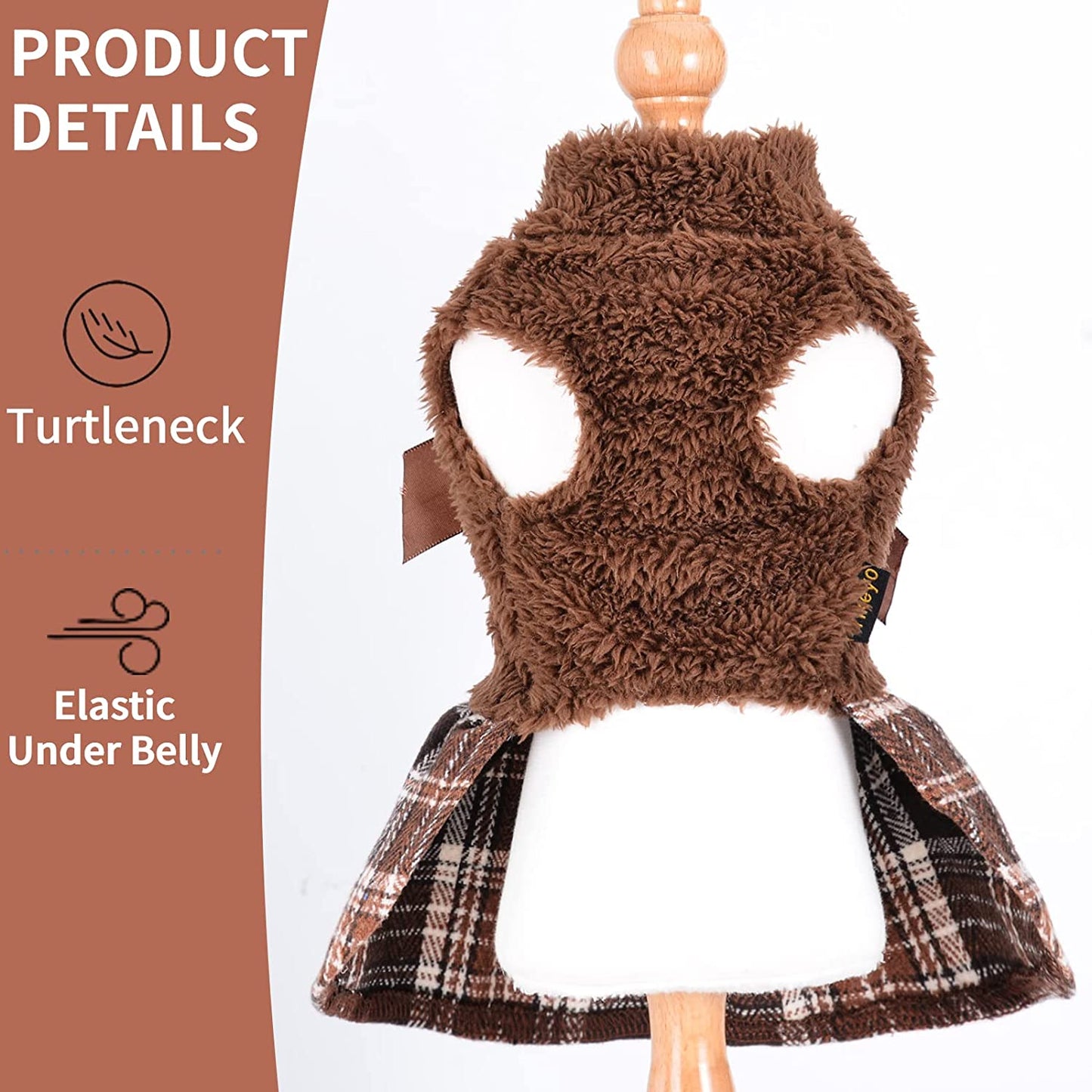 Yikeyo Fuzzy Dog Plaid Sweater Dress, Winter Warm Female Dog Clothes for Small Dogs Girl, Pet Outfit, Cat Apparel (Medium, Brown) Animals & Pet Supplies > Pet Supplies > Dog Supplies > Dog Apparel Yikeyo   