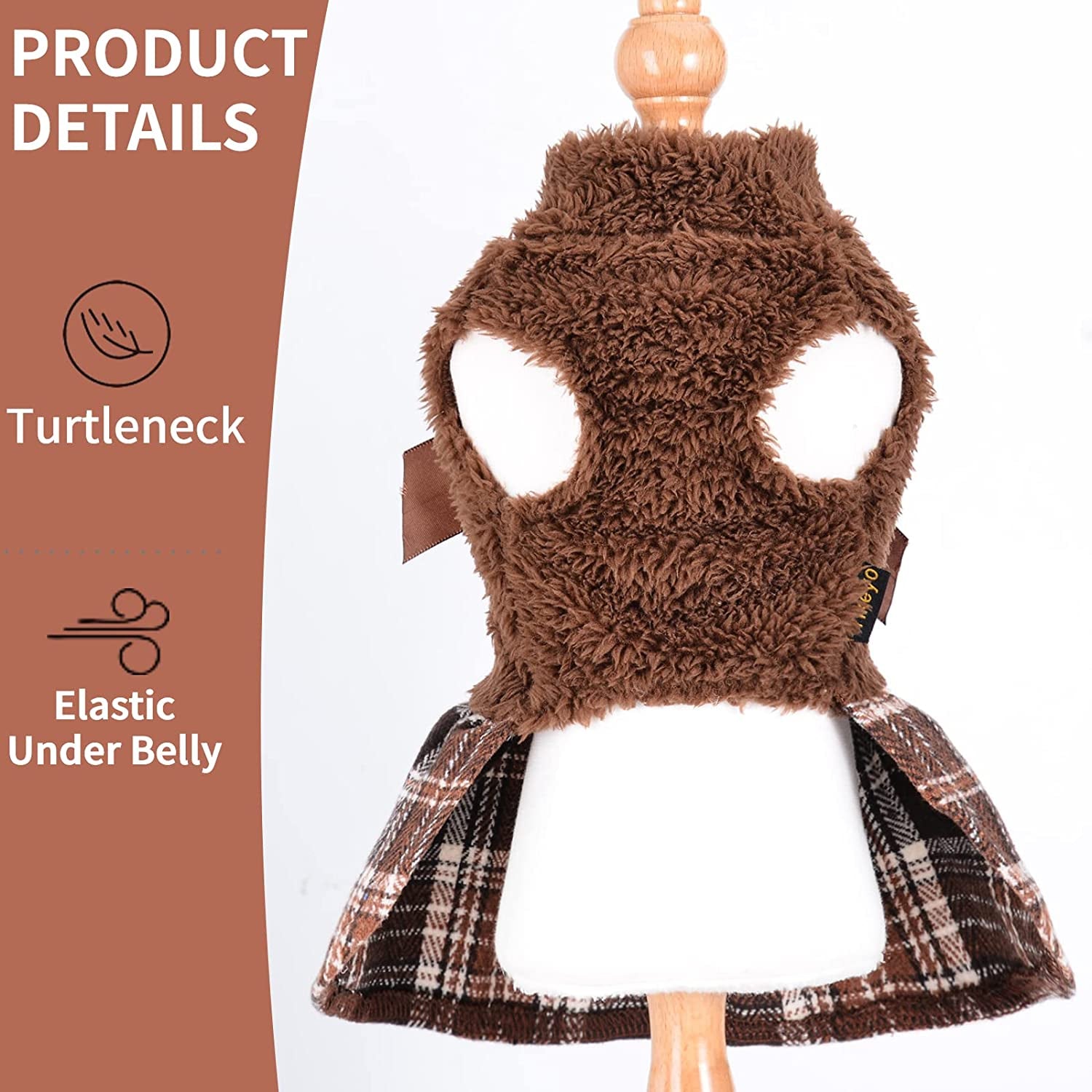 Yikeyo Fuzzy Dog Plaid Sweater Dress, Winter Warm Female Dog Clothes for Small Dogs Girl, Pet Outfit, Cat Apparel (Medium, Brown) Animals & Pet Supplies > Pet Supplies > Dog Supplies > Dog Apparel Yikeyo   