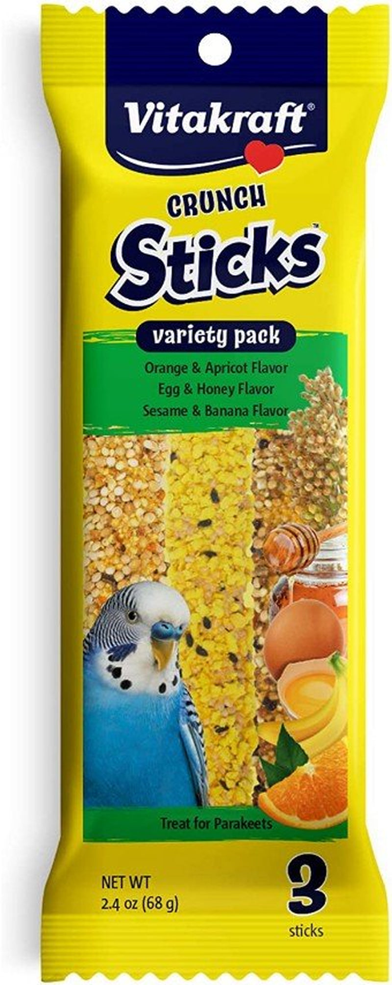 Vitakraft Crunch Sticks Parakeet Treat Variety Pack - Orange/Apricot, Egg/Honey, Sesame/Banana (3 Sticks), 2.4 Oz Animals & Pet Supplies > Pet Supplies > Bird Supplies > Bird Treats Vitakraft Sunseed 18 count (6 x 3 ct)  