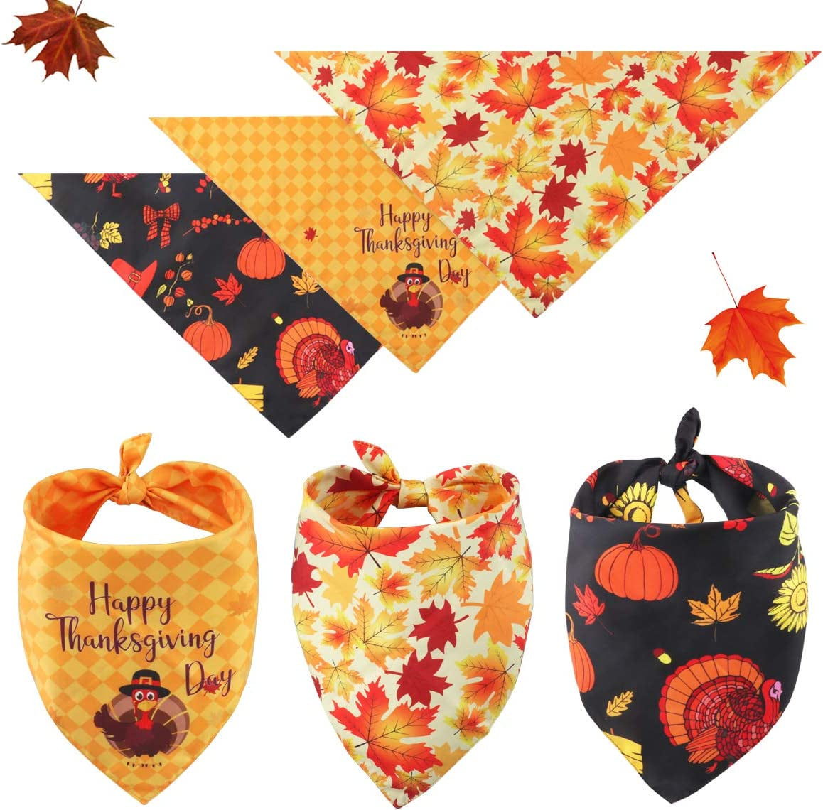 Idepet Autumn Dog Bandana 3 Pack Halloween Fall Pet Triangle Bibs Scarf Cute Turkey Maple Leaf Printing Kerchief Sets Washable Accessories for Small Medium Large Dogs Cats Reversible Animals & Pet Supplies > Pet Supplies > Dog Supplies > Dog Apparel Idepet   