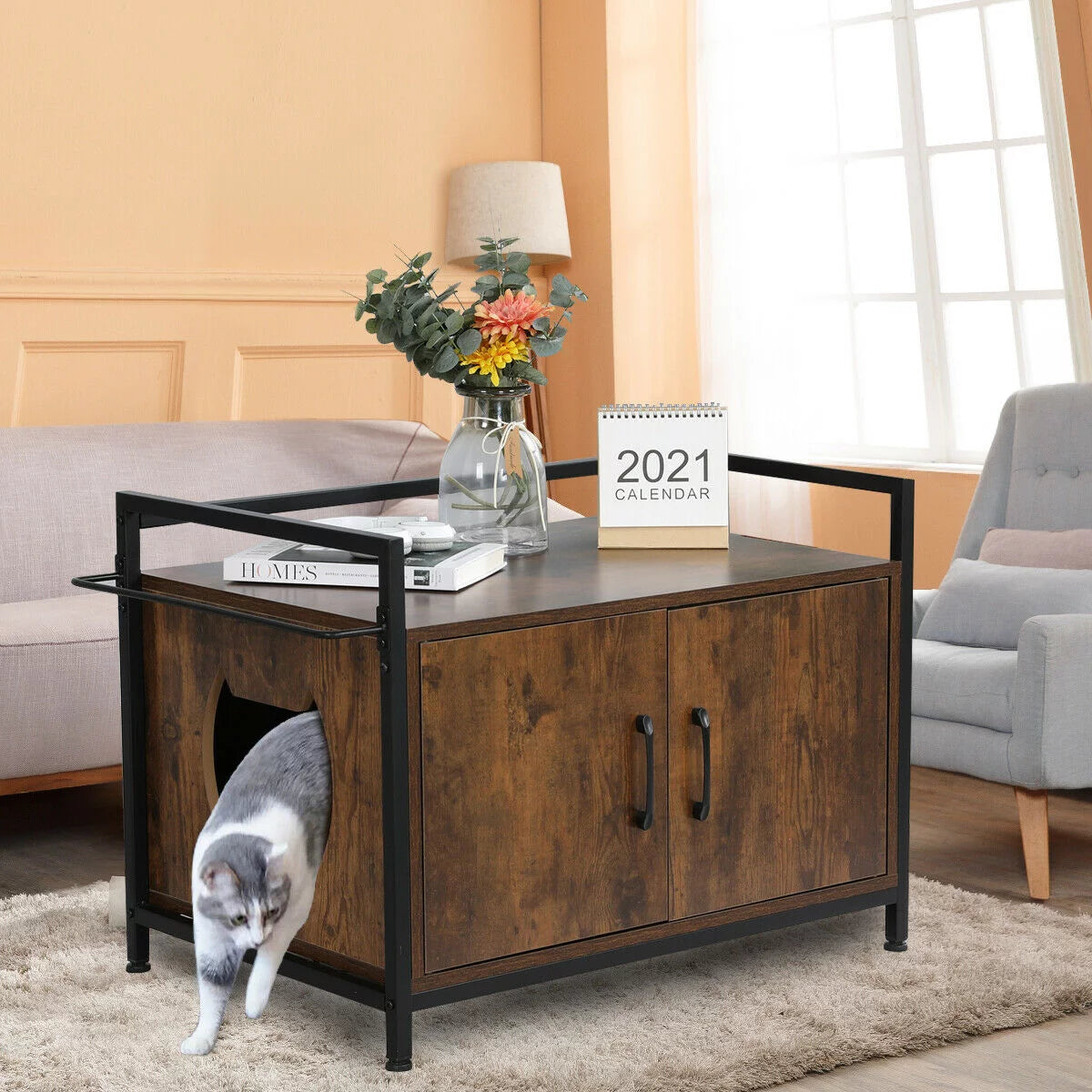 Cat Litter Box Enclosure with Metal Frame, Privacy Cat Washroom Bench, Litter Box Hidden, Pet Crate with Iron and Wood Sturdy Structure, Cat House Nightstand Animals & Pet Supplies > Pet Supplies > Cat Supplies > Cat Furniture Cat Washroom Litter Box Hidden Rustic Brown  