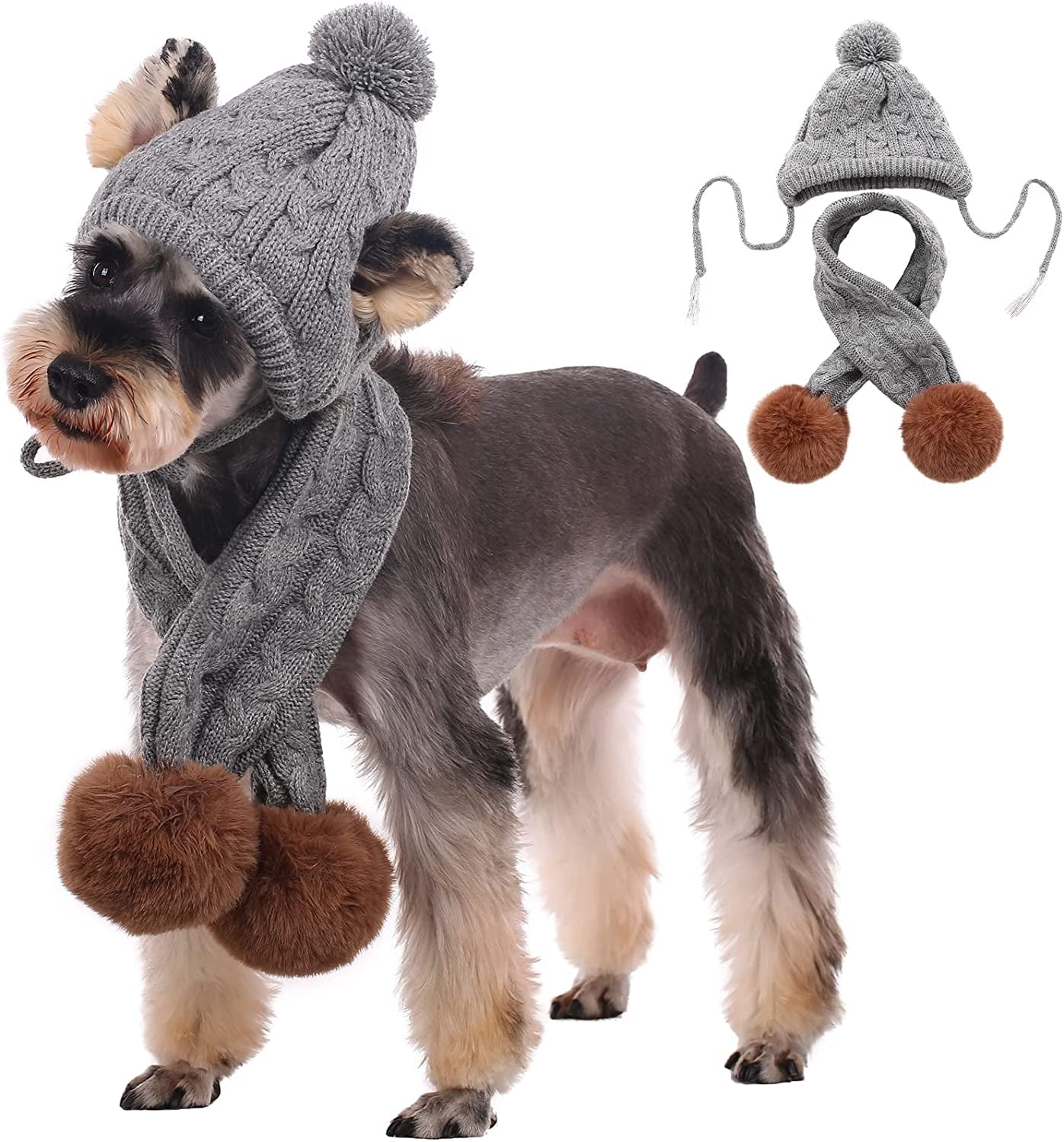 Kuoser Dog Hat & Scarf Set, Dog Knitted Hat Pet Christmas Winter Warm Caps Cute Accessories Neck Ear Warmer Hood Warm Scarf Party Decoration for Pet Cat and Dog Fit for Small Medium Large Dogs Grey Animals & Pet Supplies > Pet Supplies > Dog Supplies > Dog Apparel Kuoser Grey Dog Neck Girth 11" -14.9" , Head Girth 12.9" 