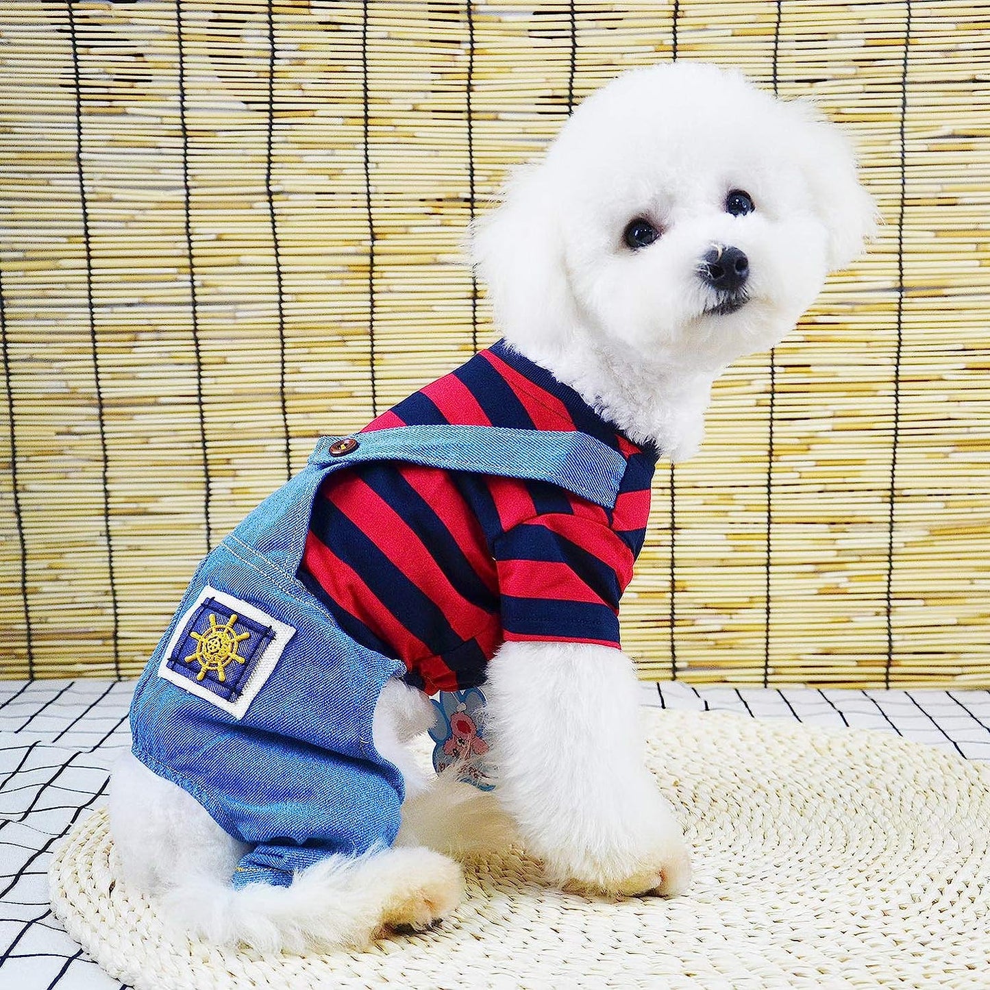 SMALLLEE_LUCKY_STORE Pet Stripe Sweater Shirt Denim Overalls for Small Dogs Cats Boy Girl Tshirt Pants 4 Legged Outfits Puppy Jumpsuit Shih Tzu Pug Clothes,Red,Size L Animals & Pet Supplies > Pet Supplies > Dog Supplies > Dog Apparel SMALLLEE_LUCKY_STORE   