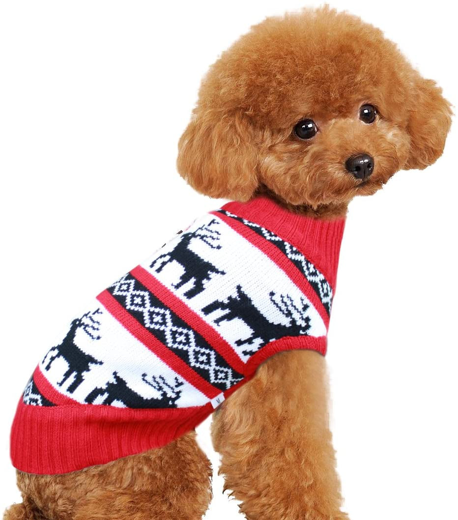 Holiday Christmas Reindeer Vintage Classic Dog Sweater (10", 12", 14", 16", 20") Festive Dress (12 - Inch, Reindeers Red) Animals & Pet Supplies > Pet Supplies > Dog Supplies > Dog Apparel V28®   