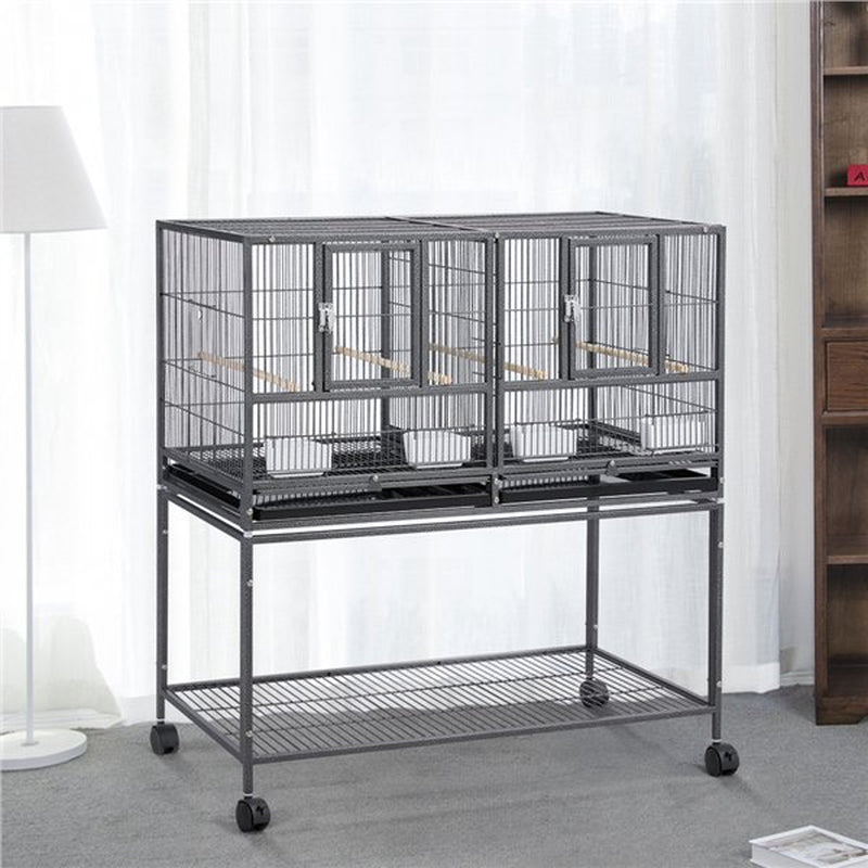 Topeakmart Stackable Metal Wide Bird Cage Divided Bird Breeder Cage with Rolling Stand for Finch Canaries Parakeets Cockatiels Budgies Black Animals & Pet Supplies > Pet Supplies > Bird Supplies > Bird Cages & Stands Topeakmart   