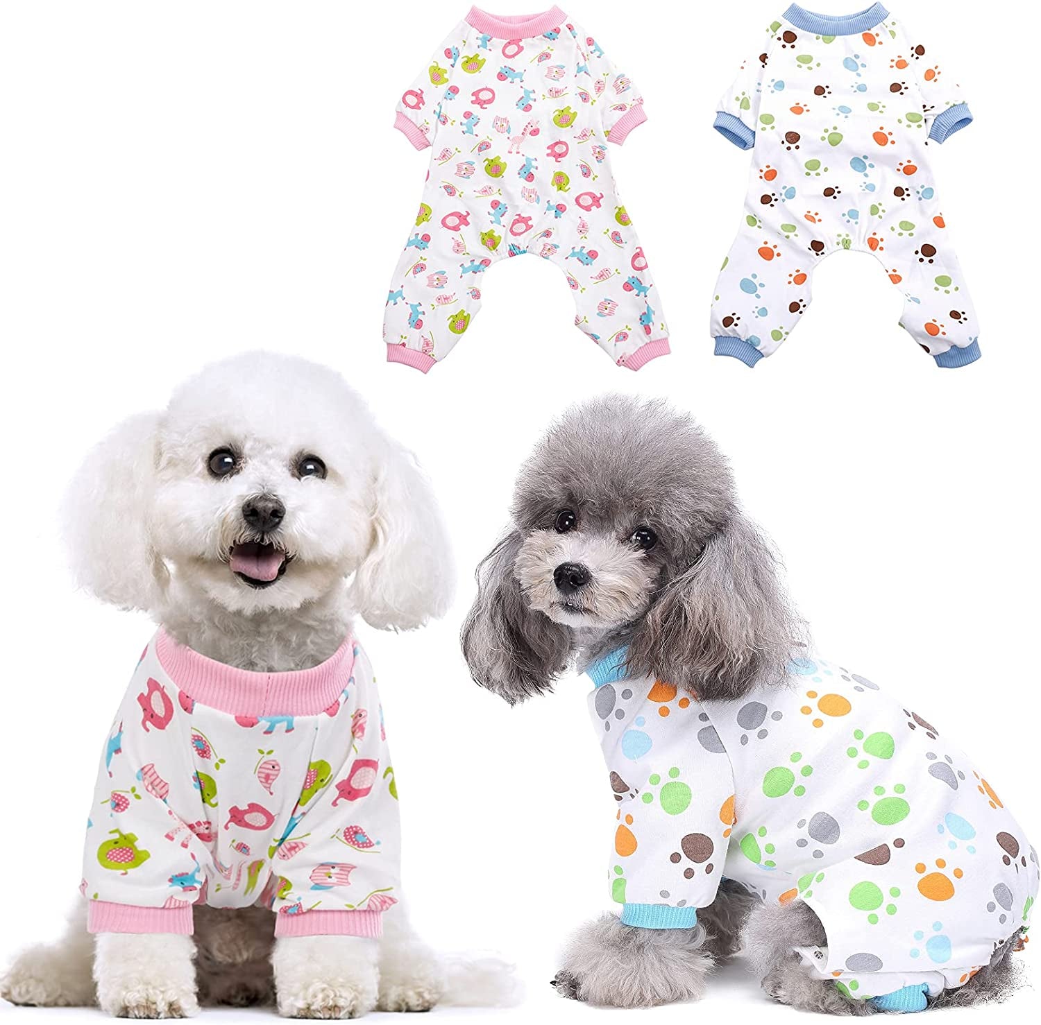 KOESON 2 Pack Cotton Dog Pajamas, Cozy Stretchy Cat Onesie Pet Jumpsuit Clothes with Cute Fruit/Animal Pattern, Soft Breathable Puppy Rompers Bodysuit Shirts for Small Medium Dogs Cats Animals & Pet Supplies > Pet Supplies > Dog Supplies > Dog Apparel KOESON Paw & Red Horse Medium 