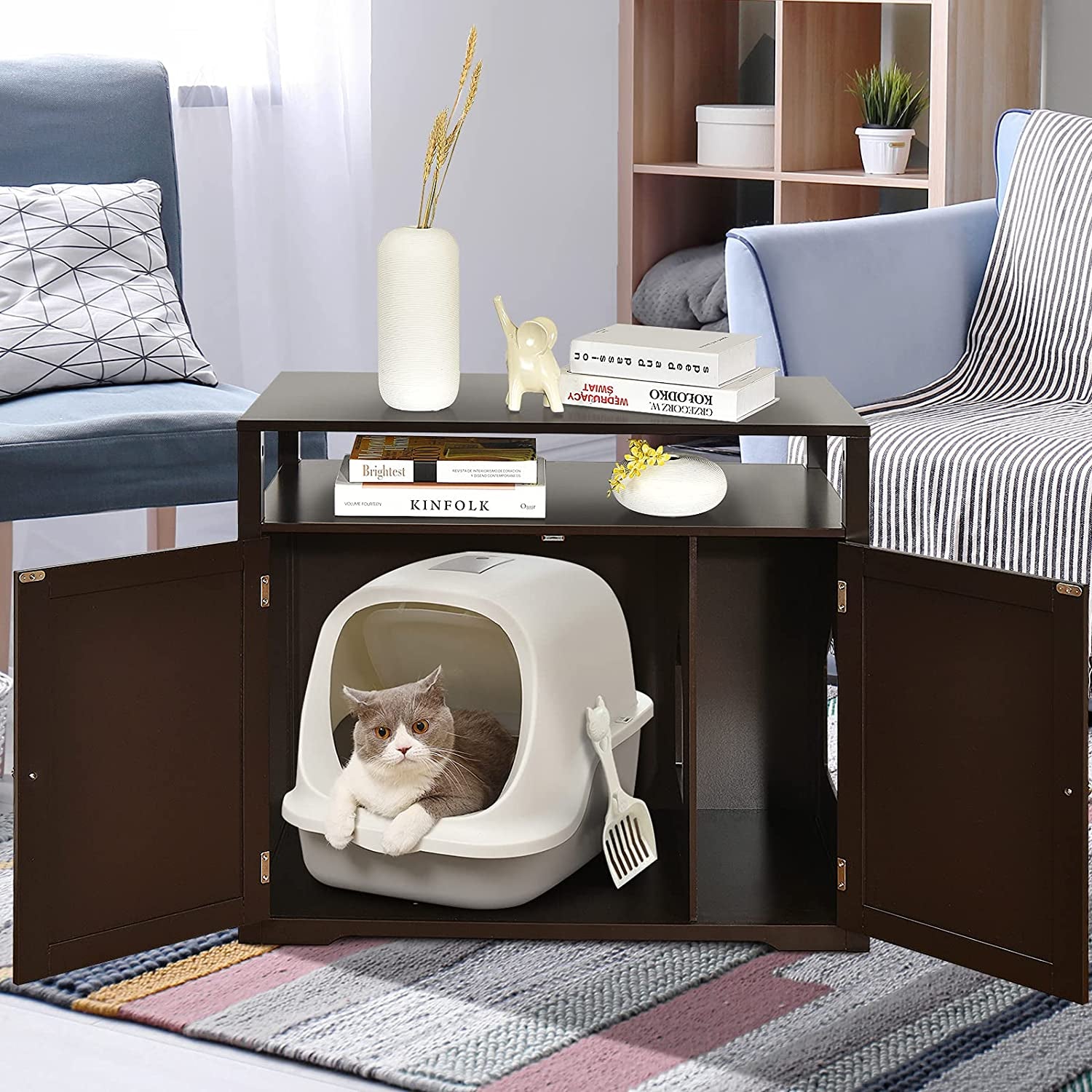 Cat Litter Box Enclosure, Large Cat Litter Box Furniture Hidden with Detachable Divider, Decorative Cat Washroom Cabinet