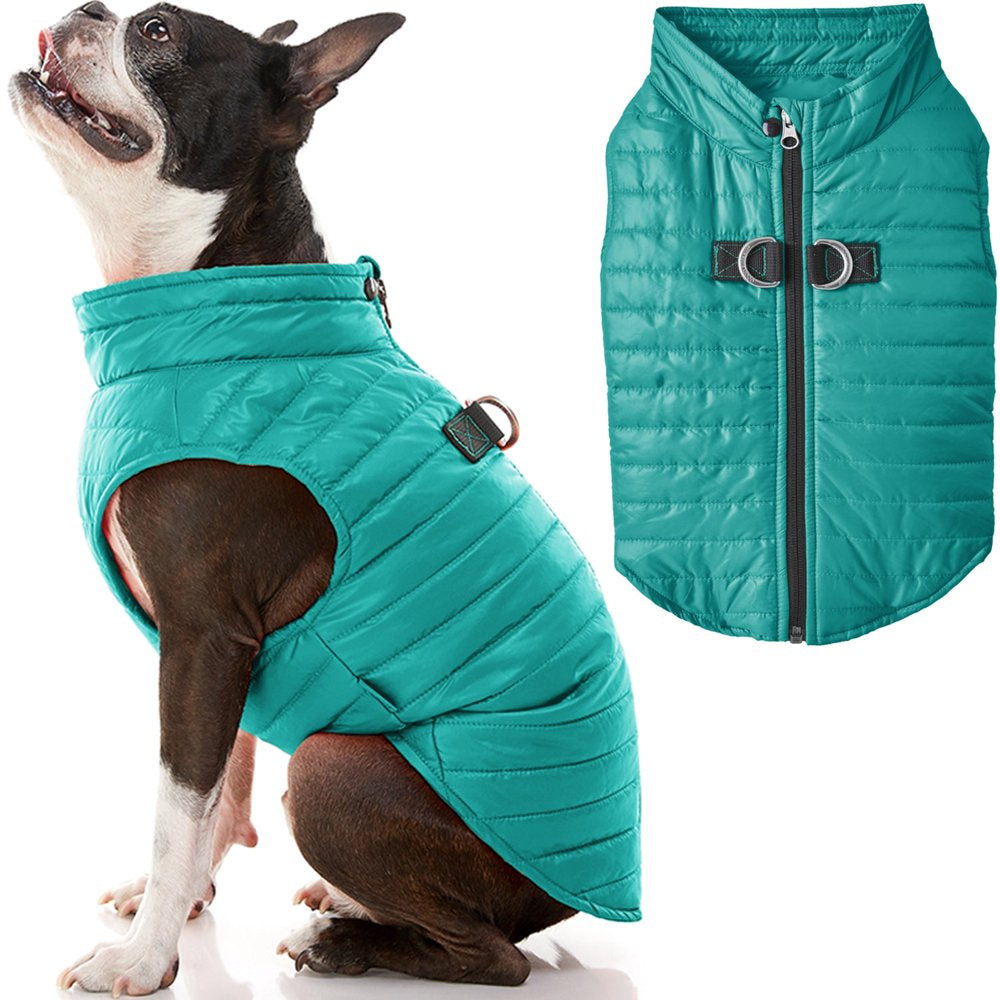 Gooby Puffer Vest Dog Jacket - Blue, Large - Ultra Thin Zip up Wind Breaker with Dual D Ring Leash Water Resistant Small Dog Sweater Animals & Pet Supplies > Pet Supplies > Dog Supplies > Dog Apparel Gooby X-Large Chest (~23.5") Turquoise 