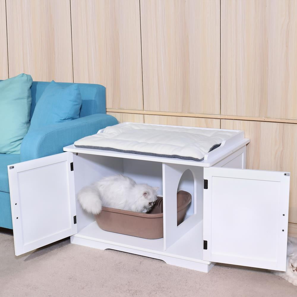 Easingroom Double-Door Wooden Cat Litter Box Enclosure Cabinet, Indoor Hidden Pet Crate Cat House Bench Furniture, White Animals & Pet Supplies > Pet Supplies > Cat Supplies > Cat Furniture KOL PET   