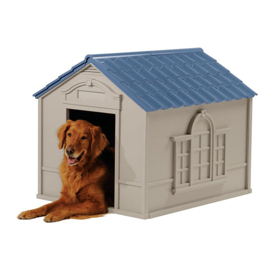 Suncast Deluxe Indoor & Outdoor Dog House for Medium/Large Breeds, Tan/Blue Animals & Pet Supplies > Pet Supplies > Dog Supplies > Dog Houses Suncast M/L (38.5" L x 33" W x 32" H)  