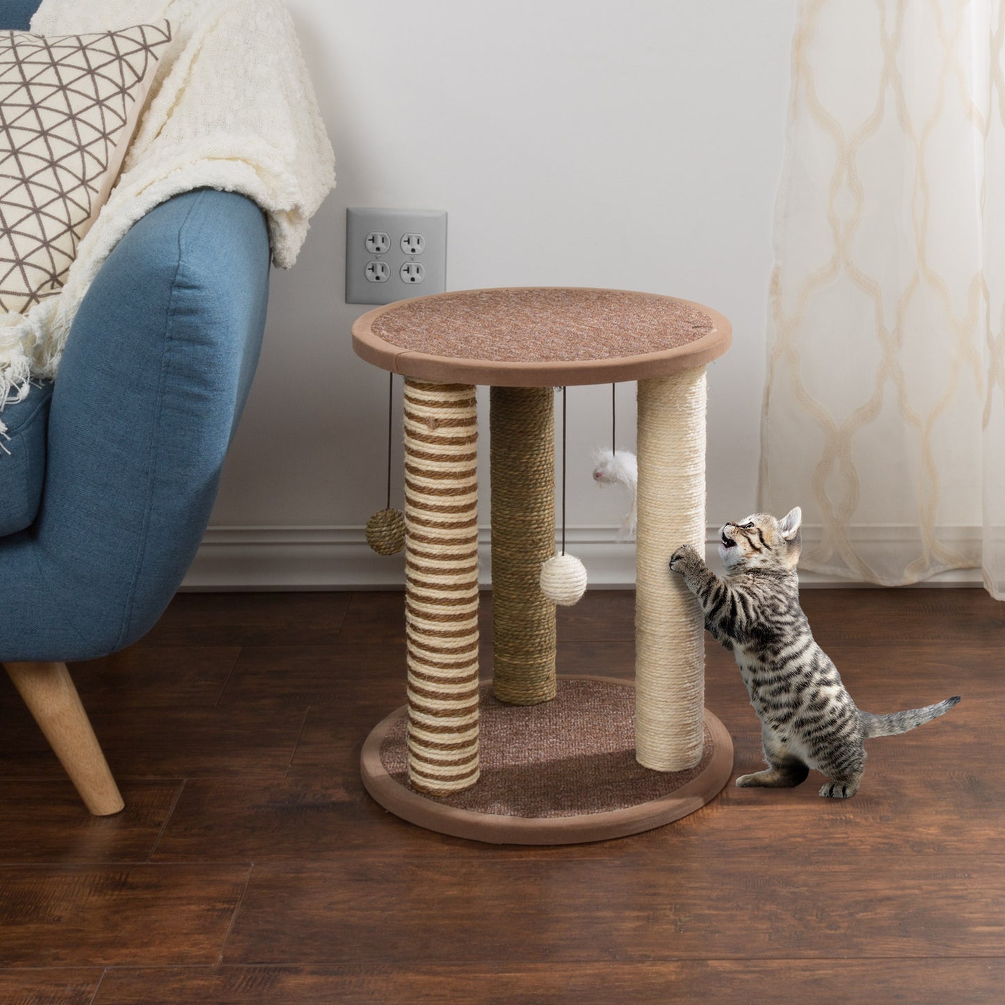 Cat Scratching Post – 3 Scratcher Posts with Carpeted Base Play Area and Perch – Furniture Scratching Deterrent for Indoor Cats by PETMAKER (Brown) Animals & Pet Supplies > Pet Supplies > Cat Supplies > Cat Furniture Trademark Global   