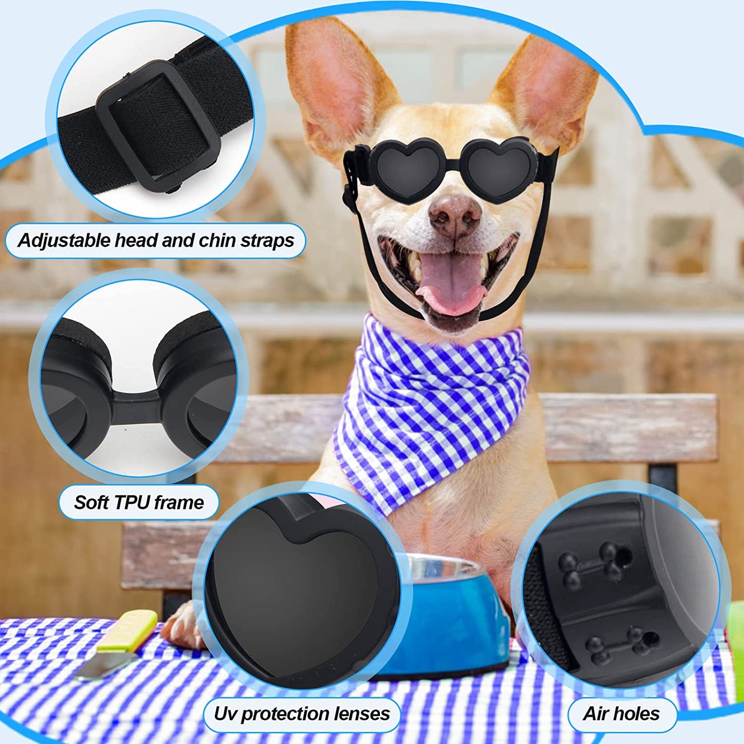 Small Dog Goggles UV Protection Goggles Coldairsoap Small Breed Dog Sunglasses Heart Shape Dog Sunglasses with Adjustable Strap, Pet Sunglasses Windproof Anti-Fog Dustproof Glasses (Black) Animals & Pet Supplies > Pet Supplies > Dog Supplies > Dog Apparel Coldairsoap   