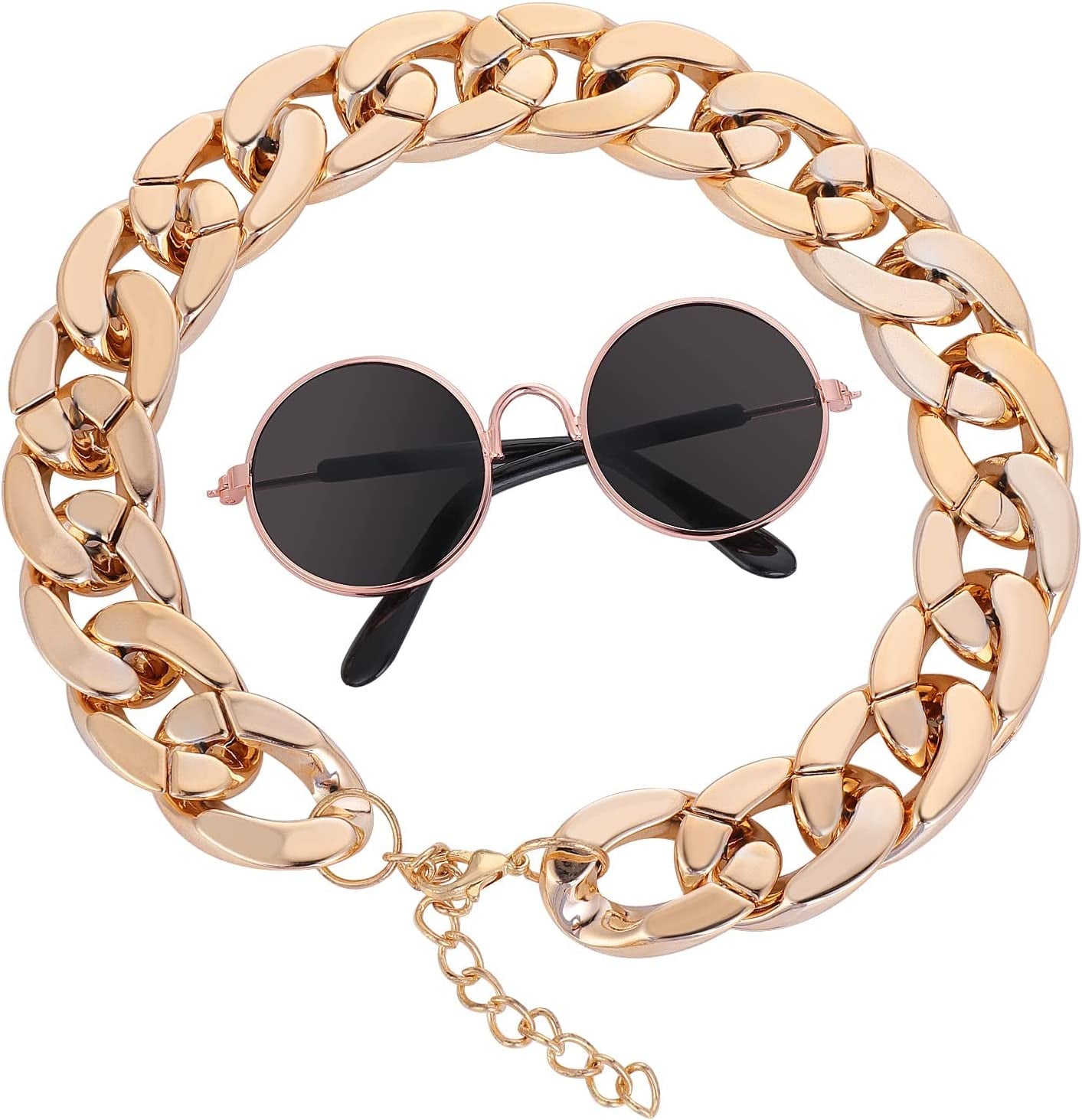 Molain Cat Sunglasses Gold Chain Costume Decorations- Cat UV Protection Classic Retro Puppy Retro Black Sunglasses Faux Rose Gold Adjustable Chain Cosplay Costume Cool Funny Photo Props Animals & Pet Supplies > Pet Supplies > Dog Supplies > Dog Apparel Molain   