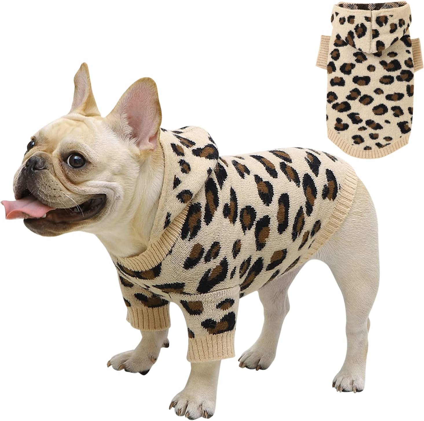 Fyzeg Dog Sweater Leopard Pattern Dog Hoodie Knitwear Sweater with Hat Winter Warm Pet Clothes of Kitten Puppy (Gray, Medium) Animals & Pet Supplies > Pet Supplies > Dog Supplies > Dog Apparel Fyzeg Khaki Small 