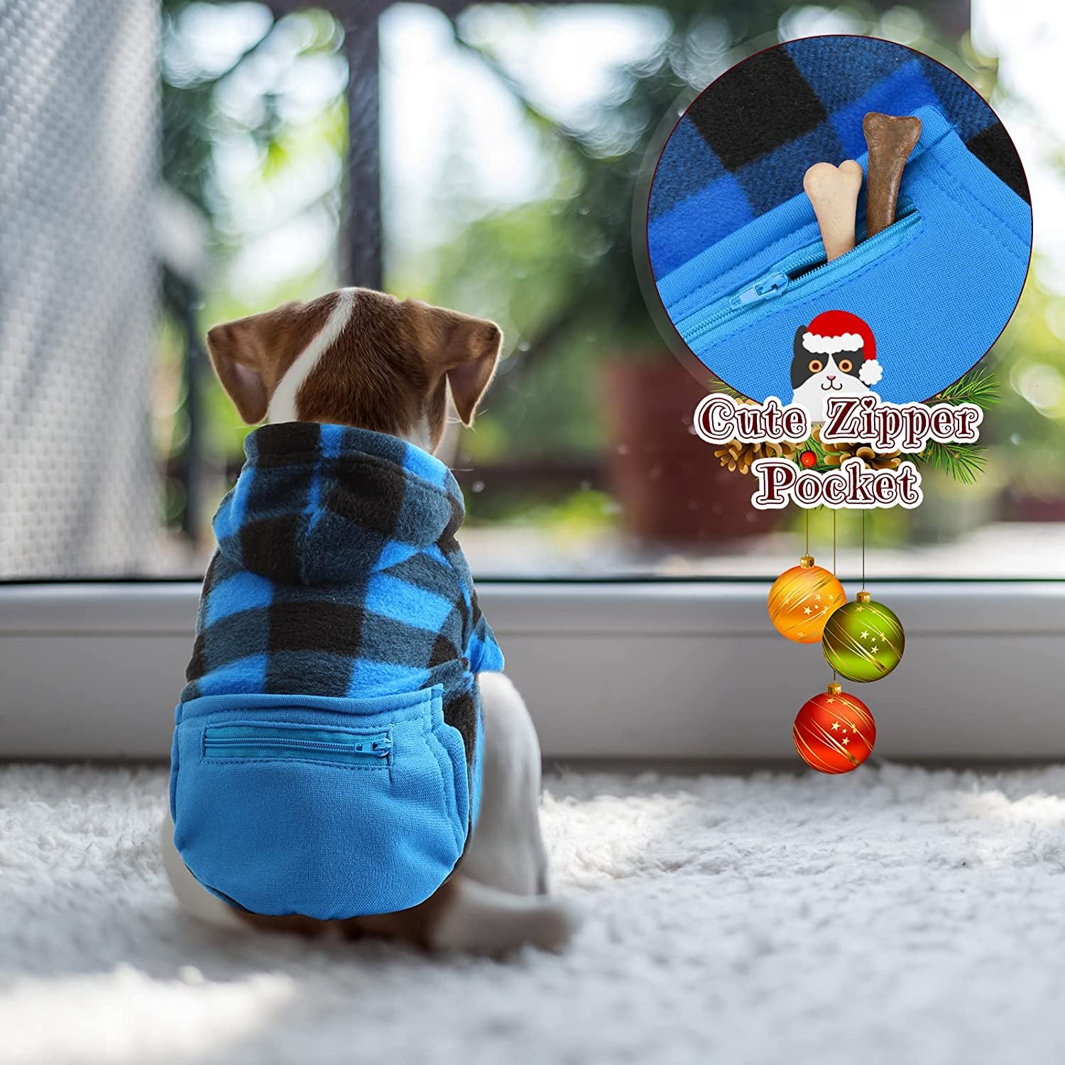 Saintrygo 4 Pieces Dog Hoodie Christmas Winter Warm Clothing with Pockets for Small Dogs Sweater Hood Sweaters Hat Chihuahua Coat Puppy Cat Custume (Plaid, Large), Blue,White Animals & Pet Supplies > Pet Supplies > Dog Supplies > Dog Apparel Saintrygo   