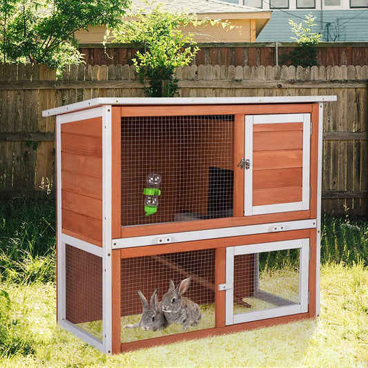 Rabbit Hutch, Indoor Outdoor 2-Tier Wood Rabbit Hutch Bunny Cage with Pull Out Leak Proof Tray, Duplex Rabbit Shelter House Guinea Pig Cage Chicken Coop with Water Bottle, Orange